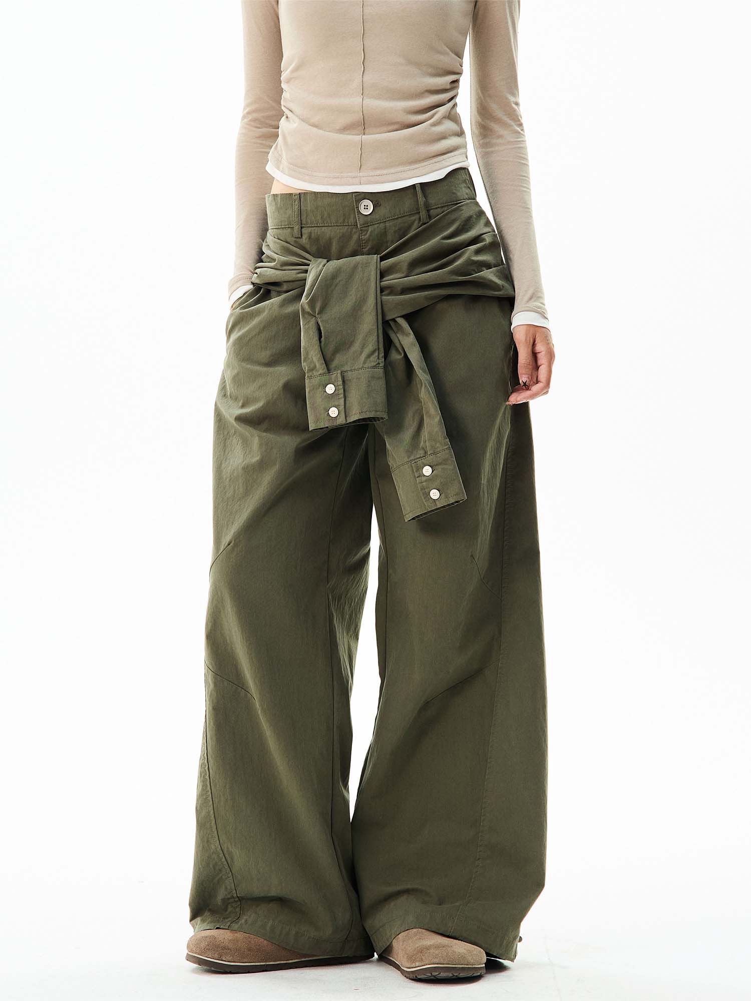 Wide-Leg Cargo Pants with Wraparound Belt Detail