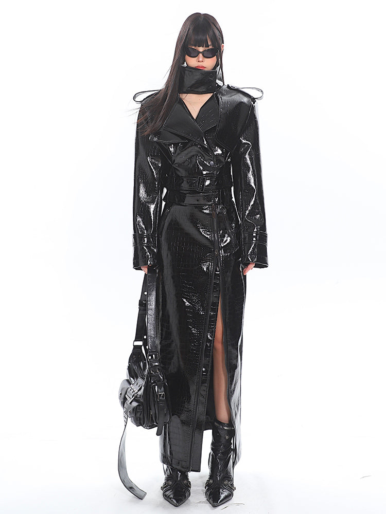 Glossy Belted Faux Leather Two-Piece Trench Set