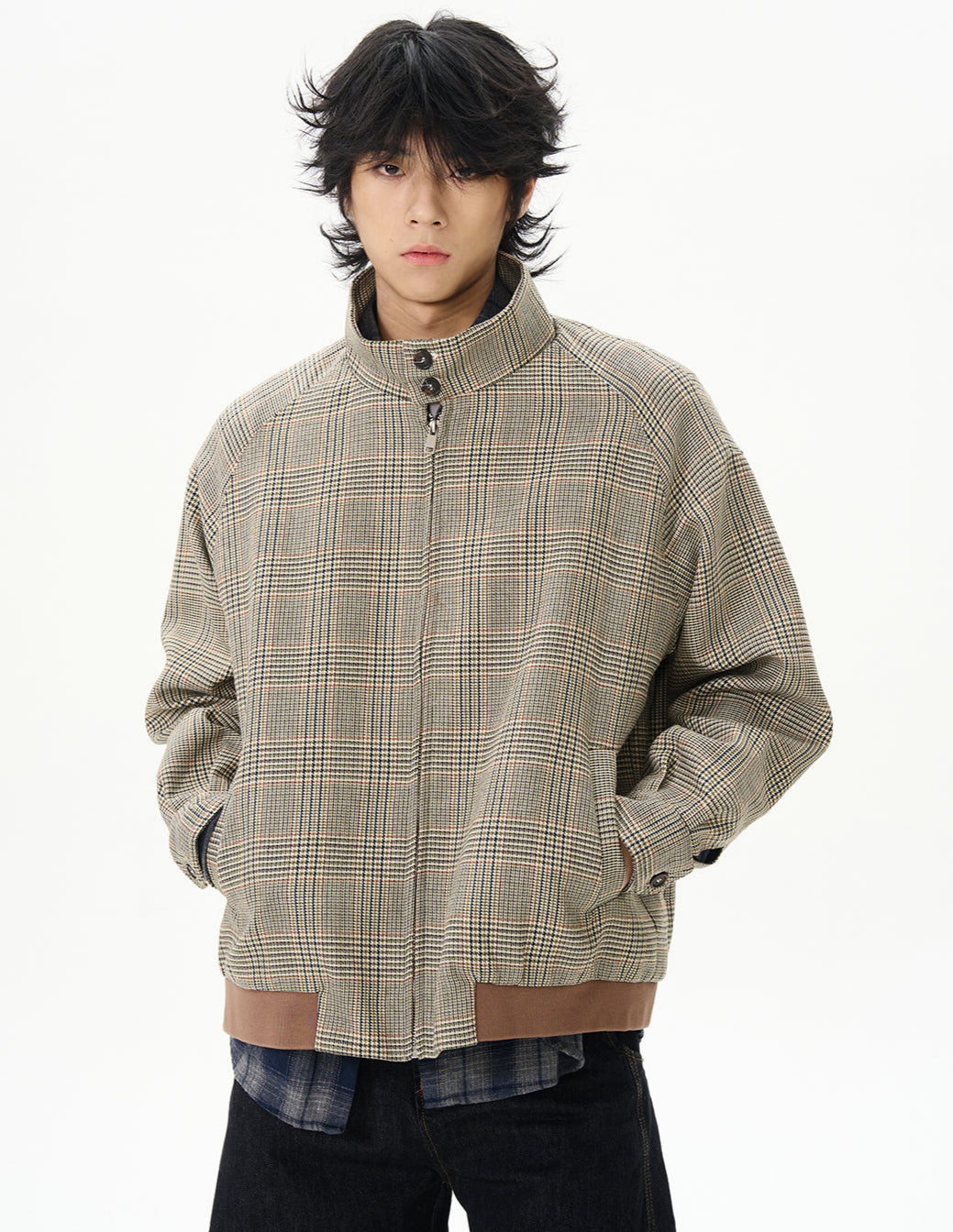 Plaid High Collar Zip Bomber Jacket