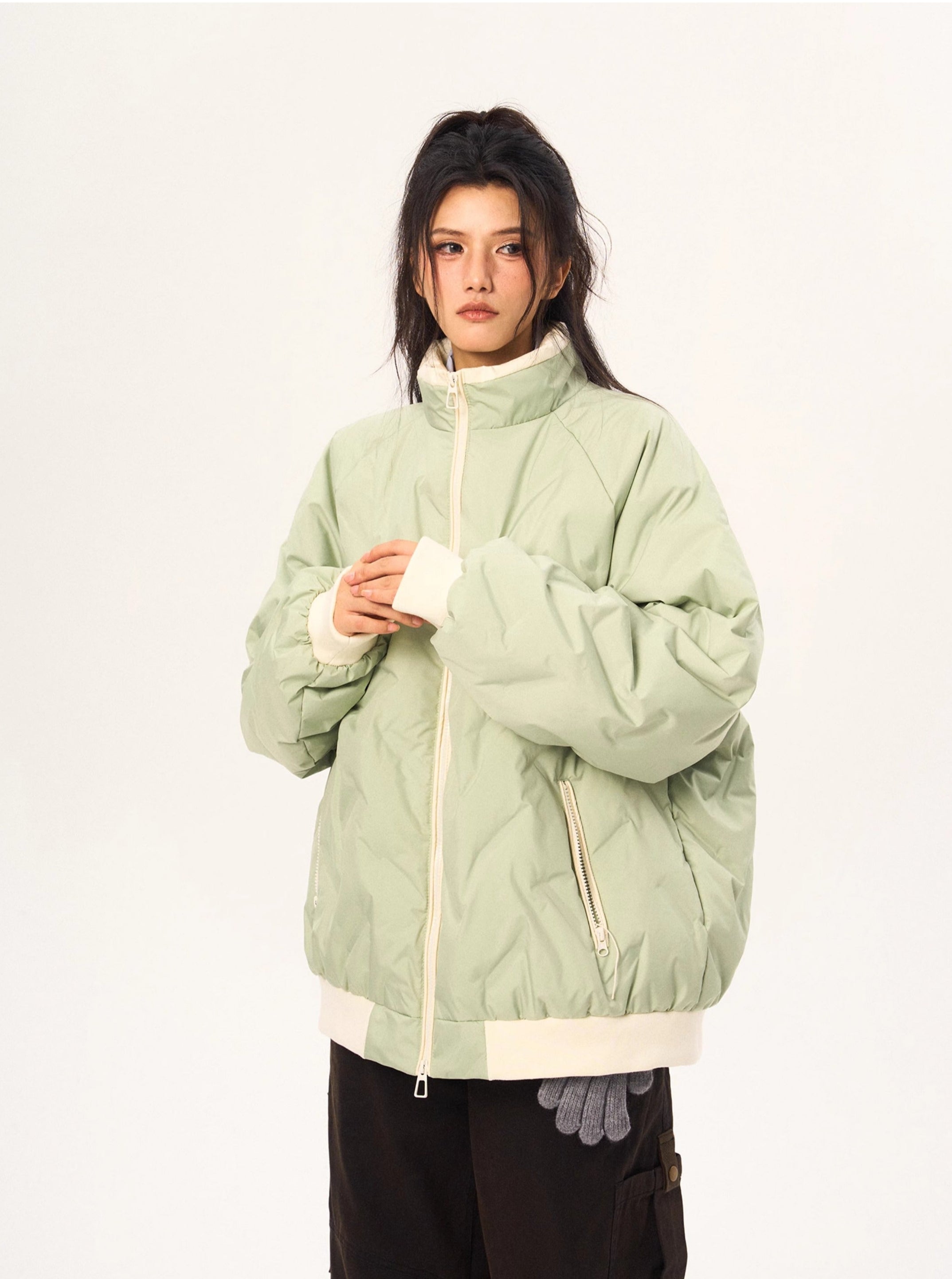 Contrast Trim Oversized Quilted Puffer Bomber Jacket