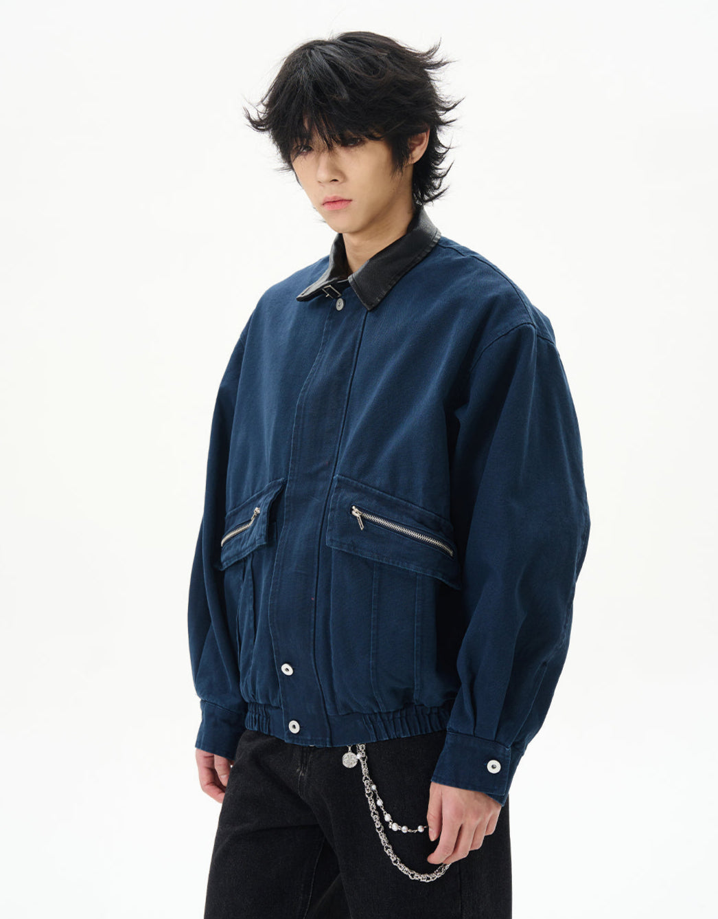 Oversized Worker Jacket with Contrast Faux Leather Collar