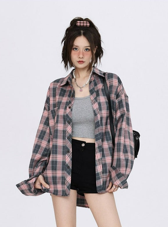 Oversized Plaid Long Sleeve Button Shirt