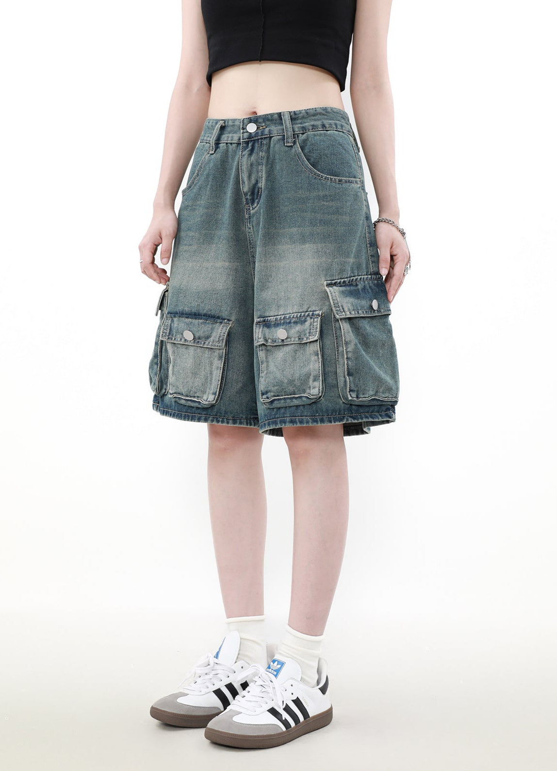 Faded Denim Cargo Shorts with Multiple Button Pockets