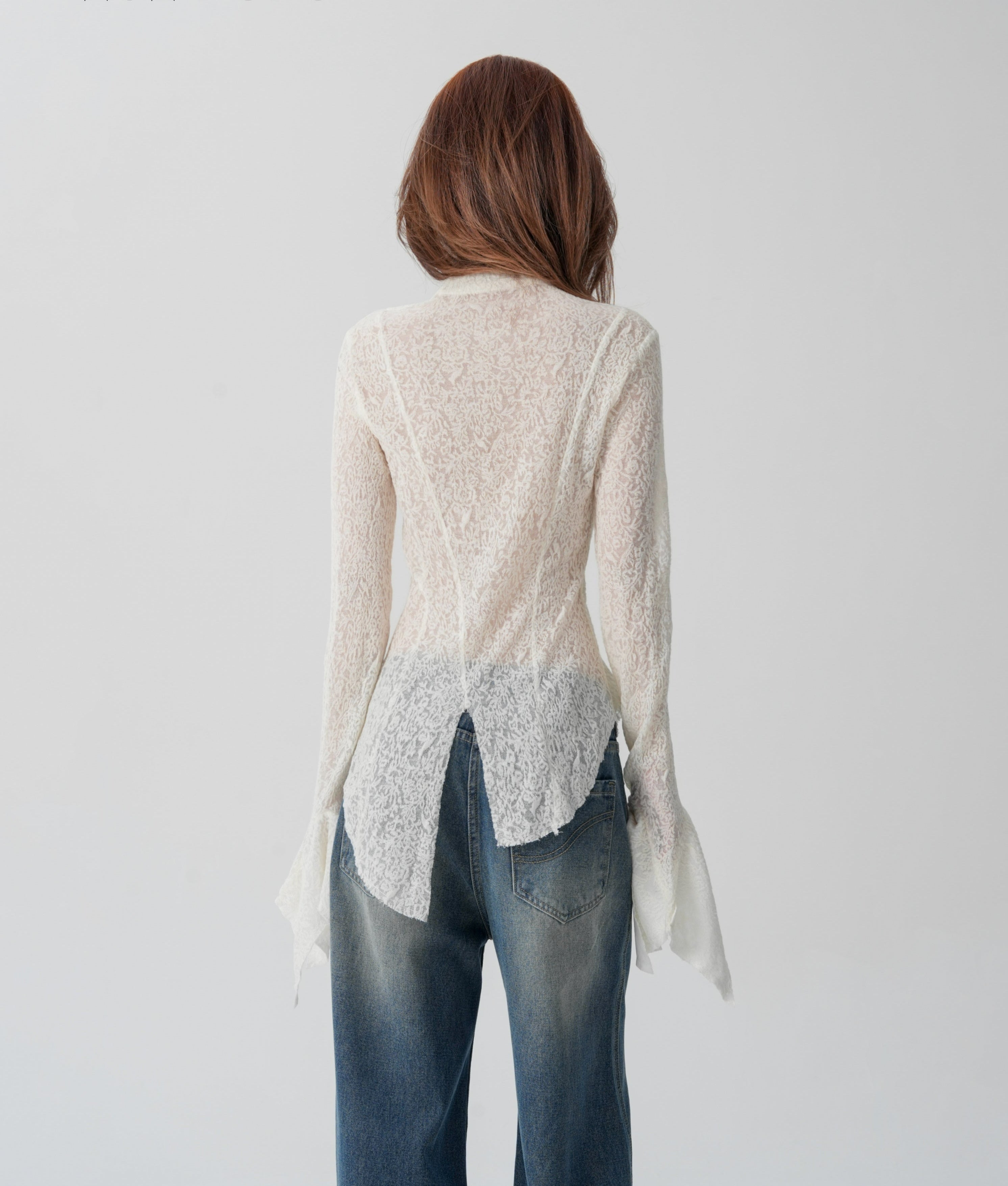 Sheer Knit Wrap-Scarf Top with Textured Pattern