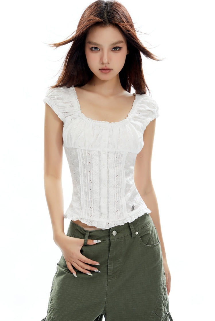 Ruffled Square Neck Lace Crop Top