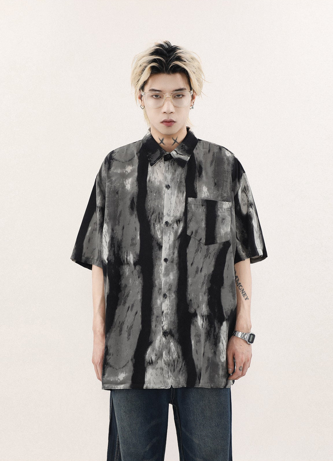 Abstract Print Short Sleeve Button Shirt with Chest Pocket