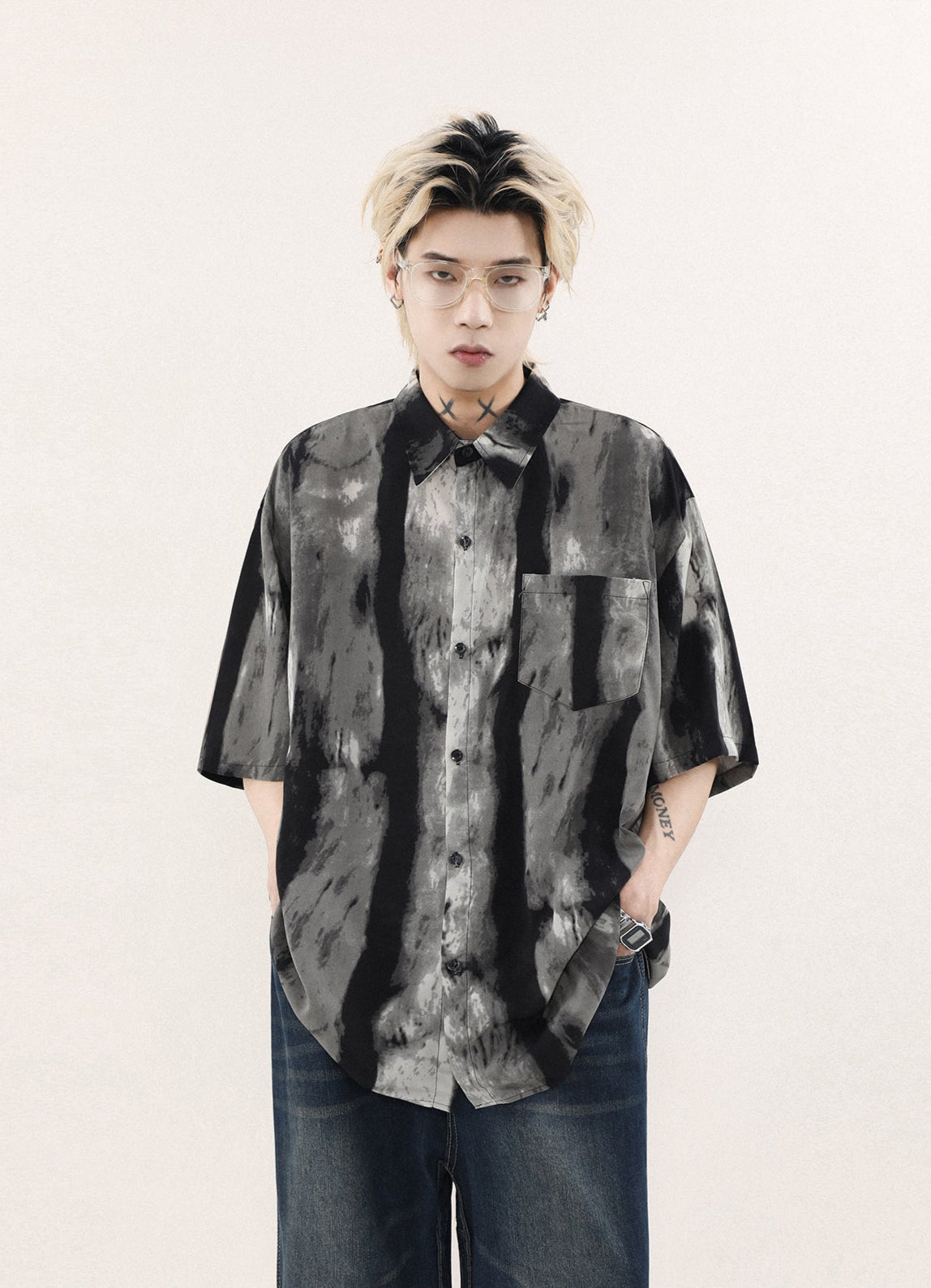 Abstract Print Short Sleeve Button Shirt with Chest Pocket