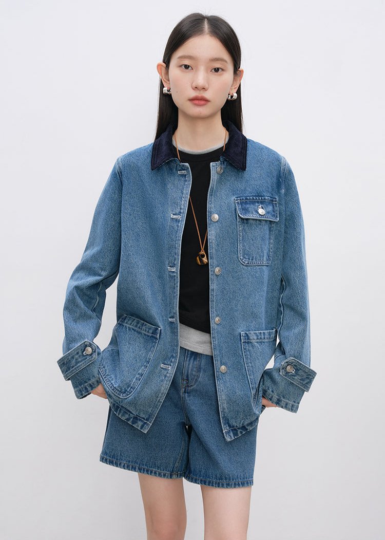 Contrast Corduroy Collar Denim Jacket with Multi Pockets