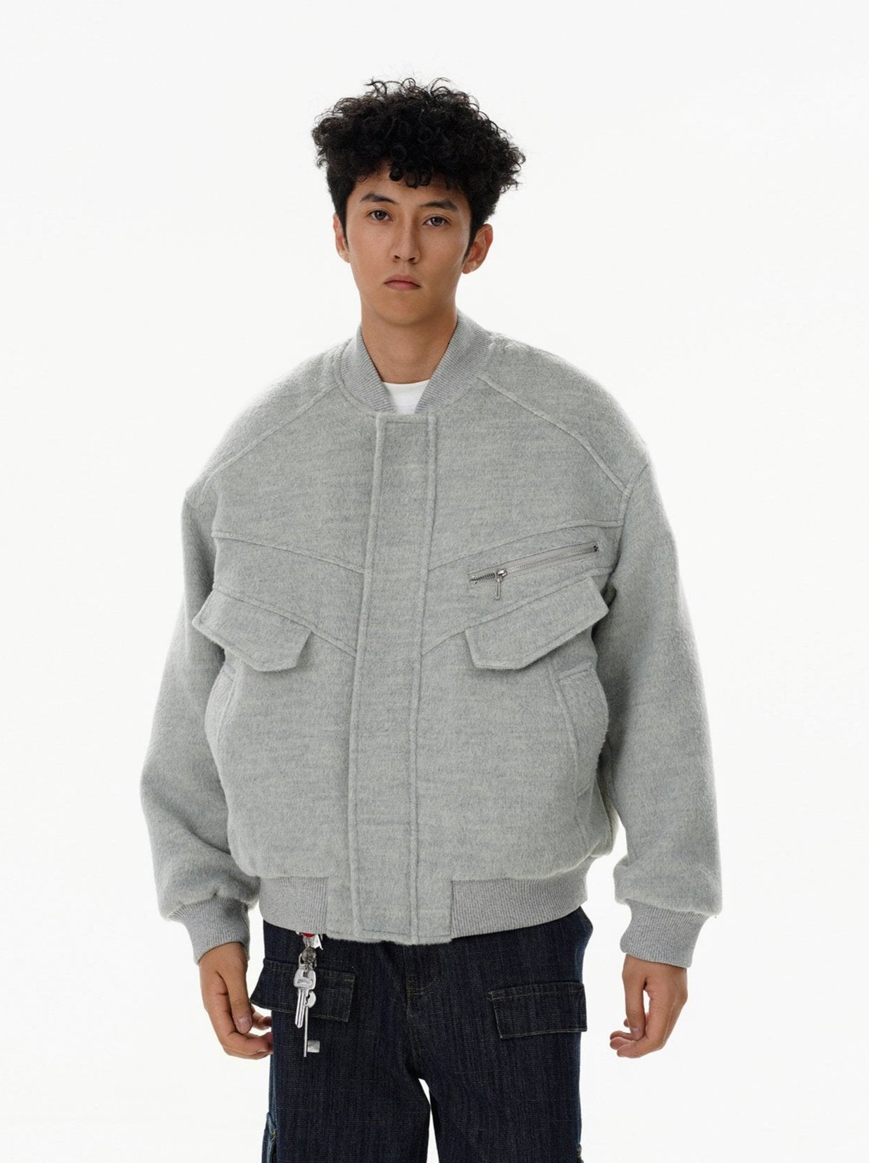 Oversized Drop Shoulder Bomber Jacket with Zip Pocket Detail