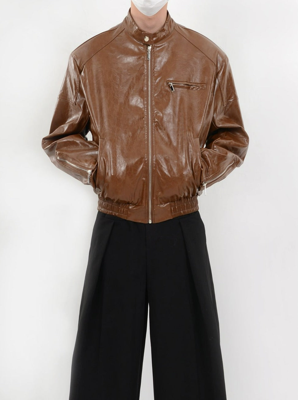 Glossy Bomber Jacket with Zipper Accents