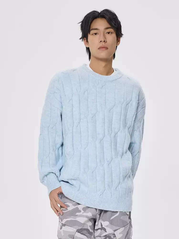 Ribbed Hem Cable Knit Crewneck Sweater