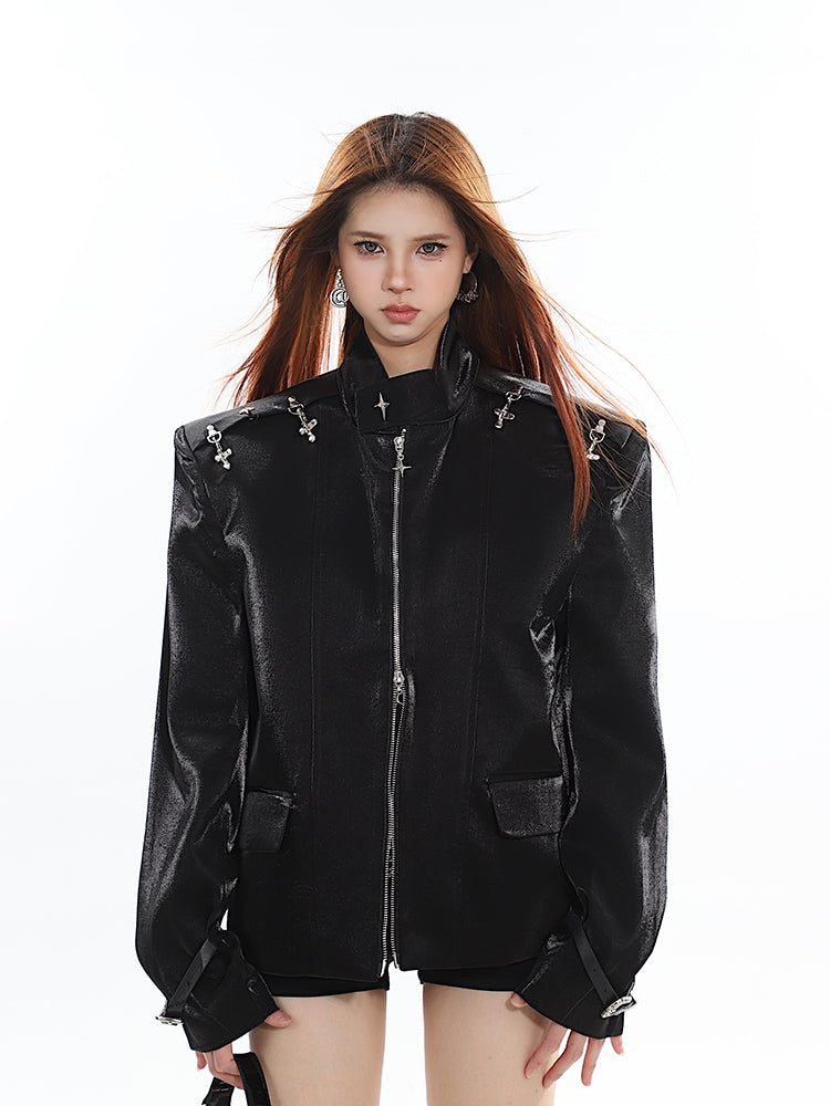 Oversized Zip-Up Shoulder-Padded Jacket with Buckle Accents