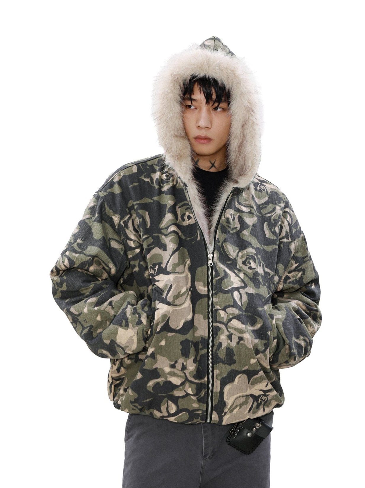 Faux Fur Line Camo Hooded Bomber Jacket