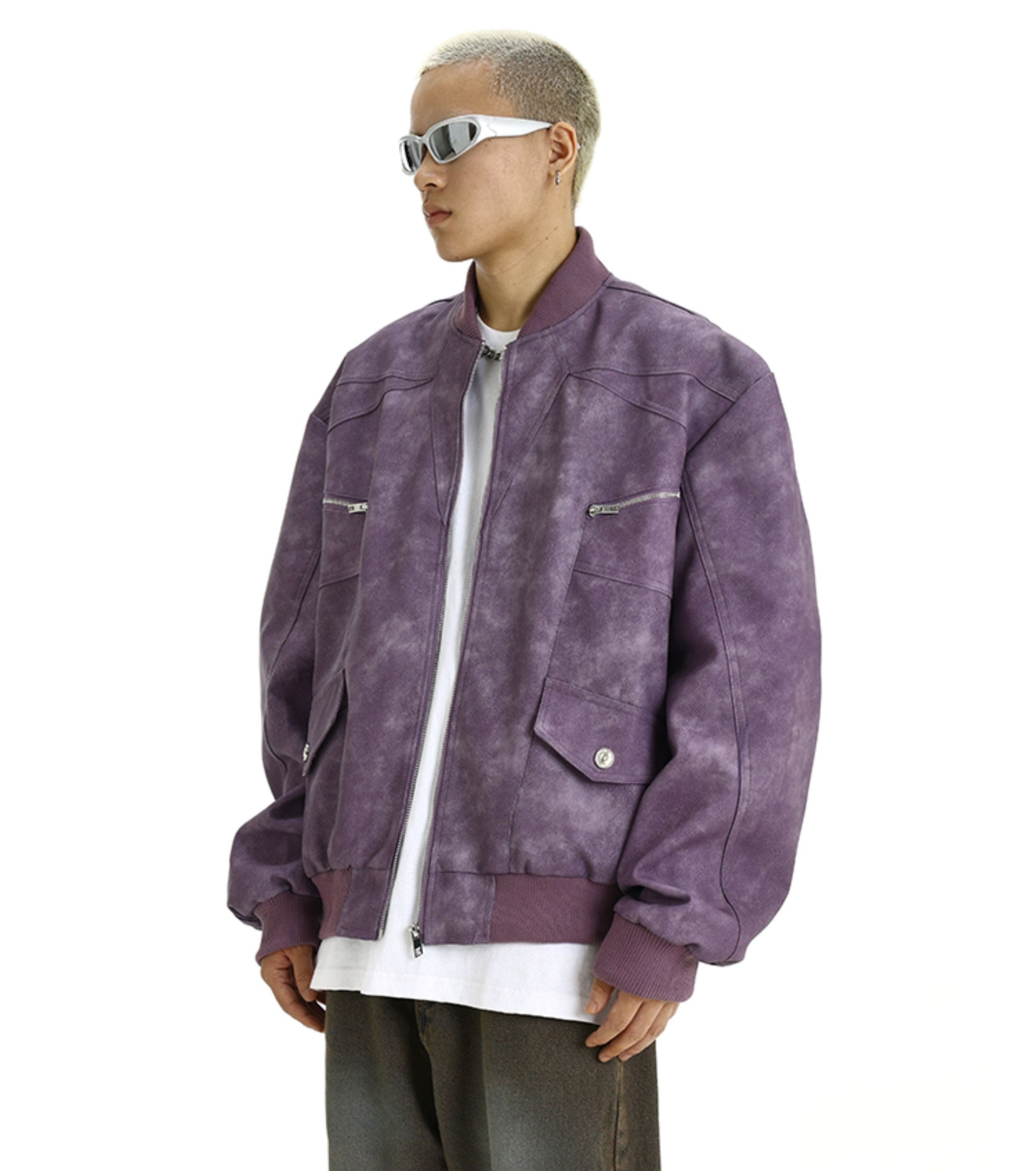 Suede Fade-Effect Zip-Up Bomber Jacket