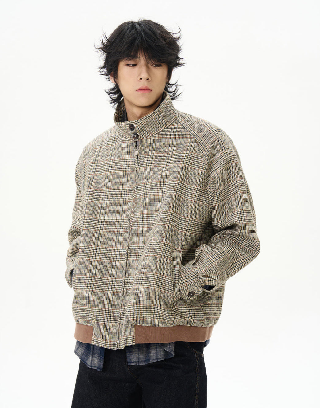 Plaid High Collar Zip Bomber Jacket