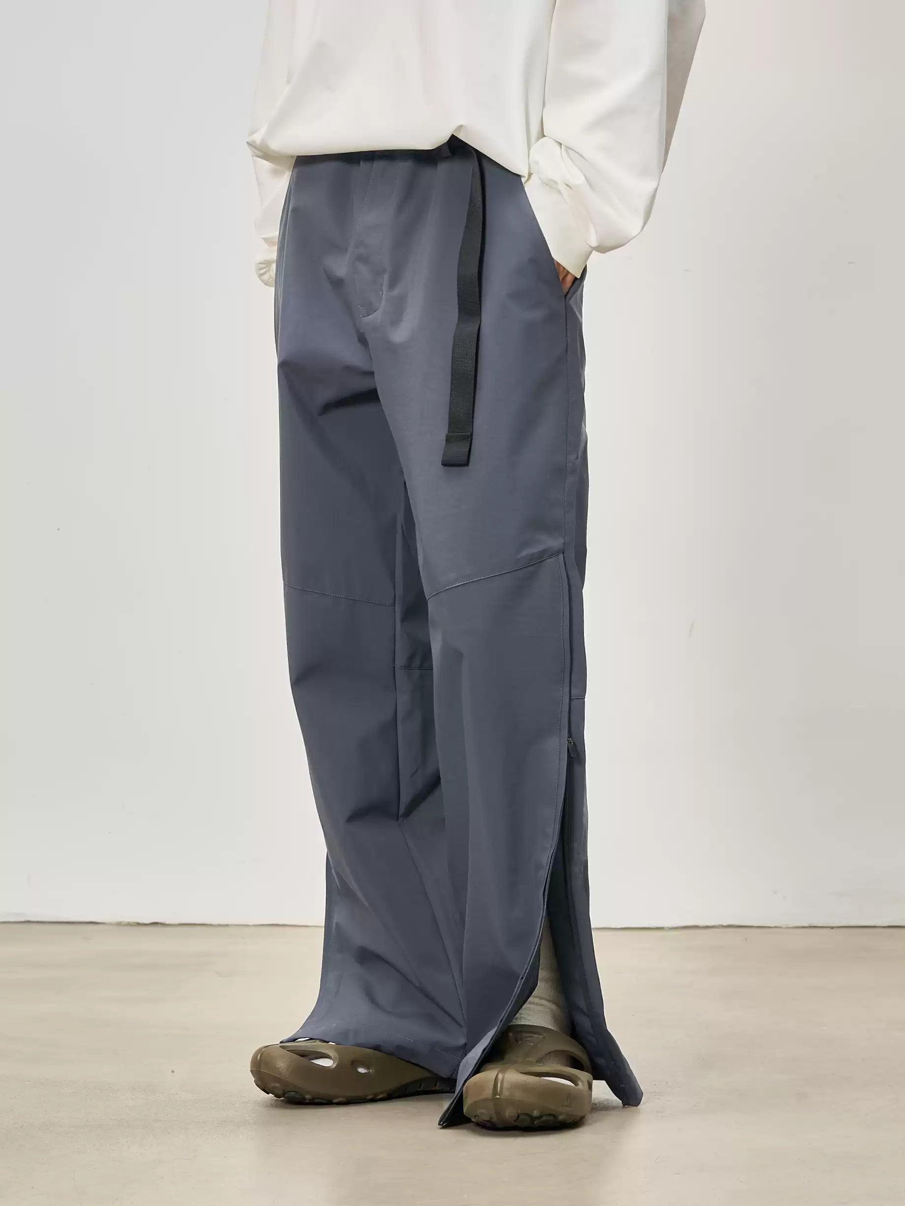 Wide-Leg Utility Adjustable Waist Pants with Zipped Side Slits