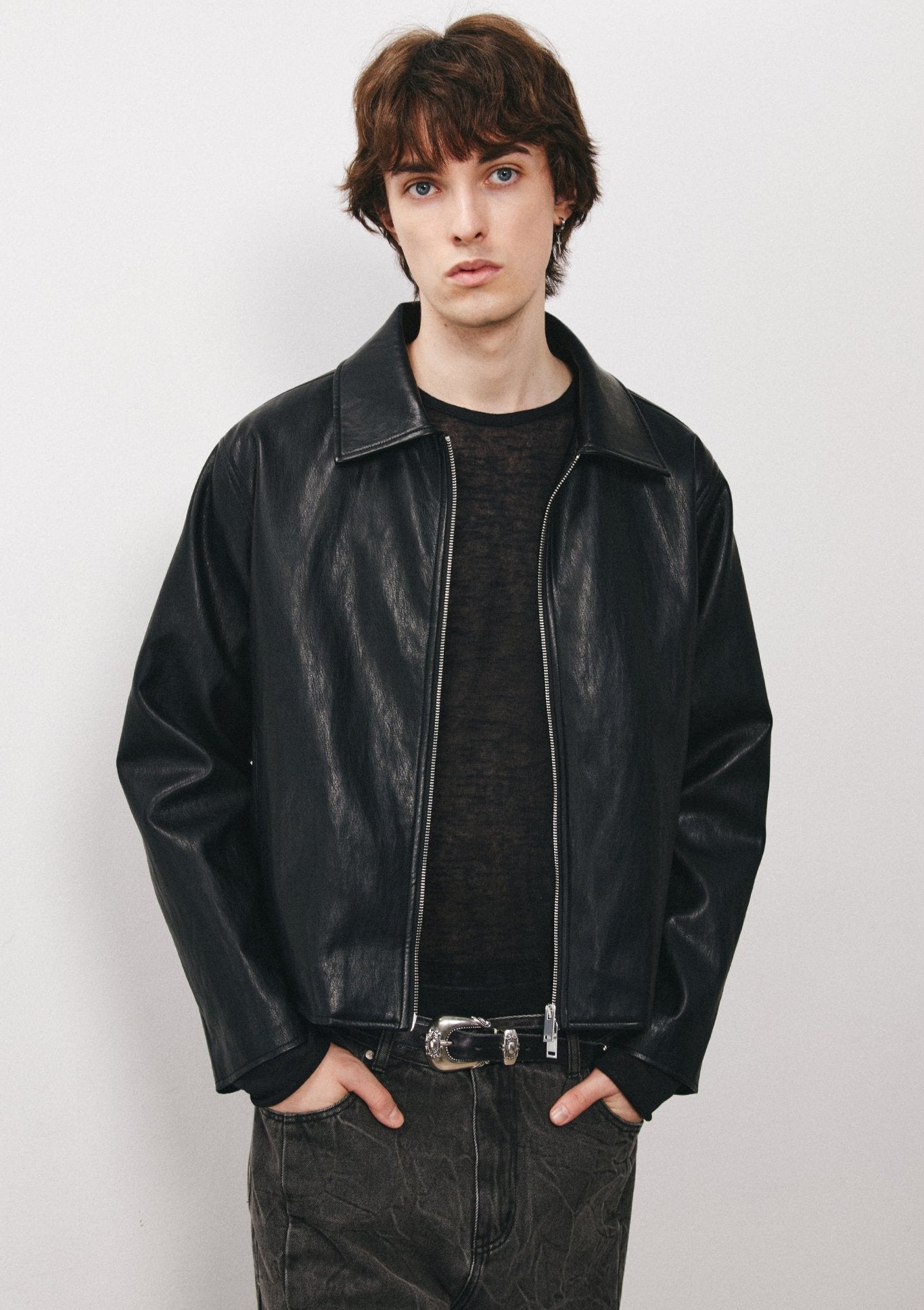 Classic Collared Faux Leather Zip Jacket