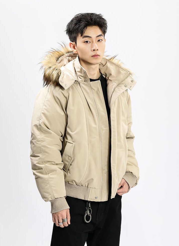 Removable Faux Fur Hoodie Bomber Jacket with Ribbed Hem