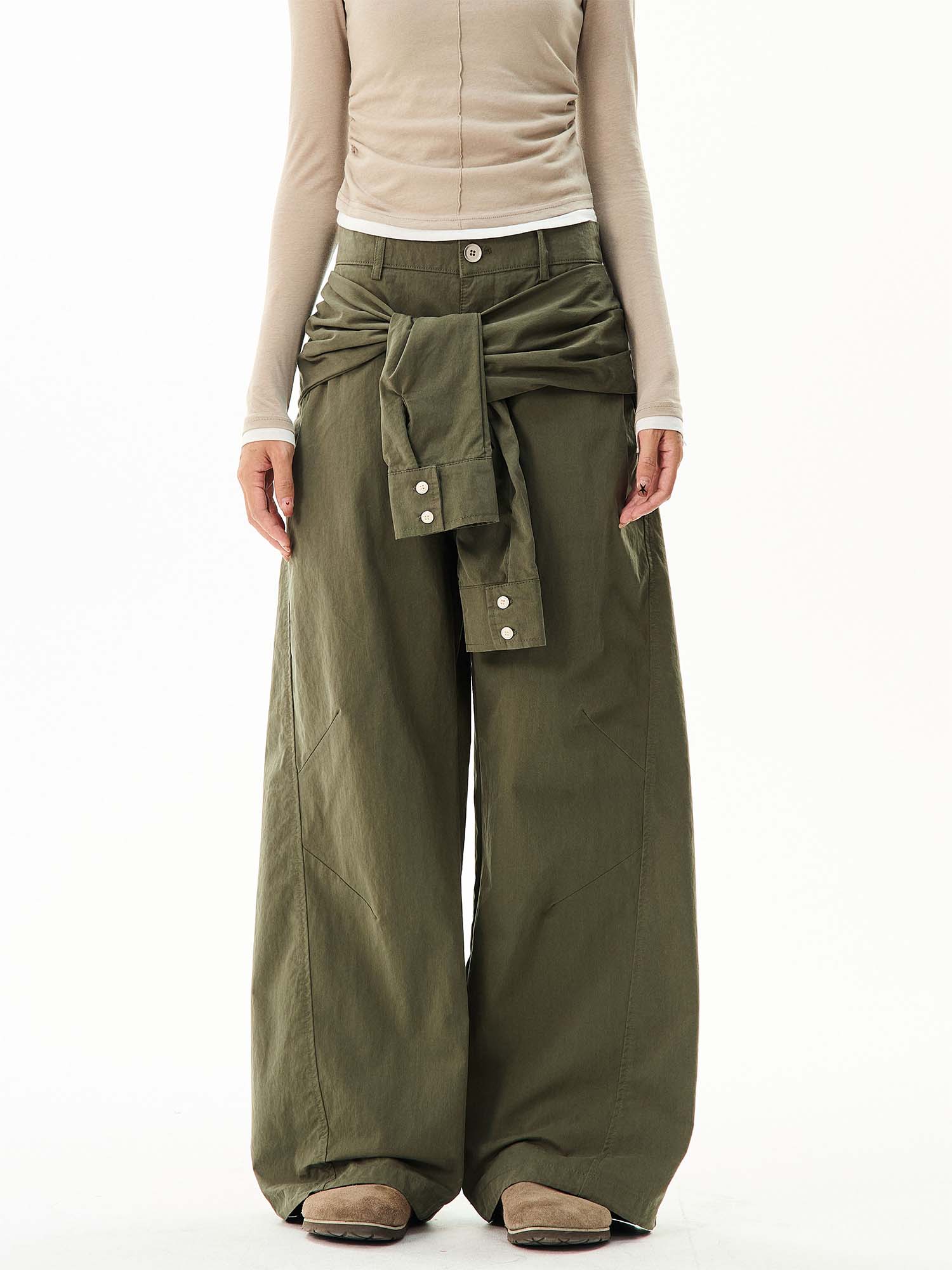 Wide-Leg Cargo Pants with Wraparound Belt Detail