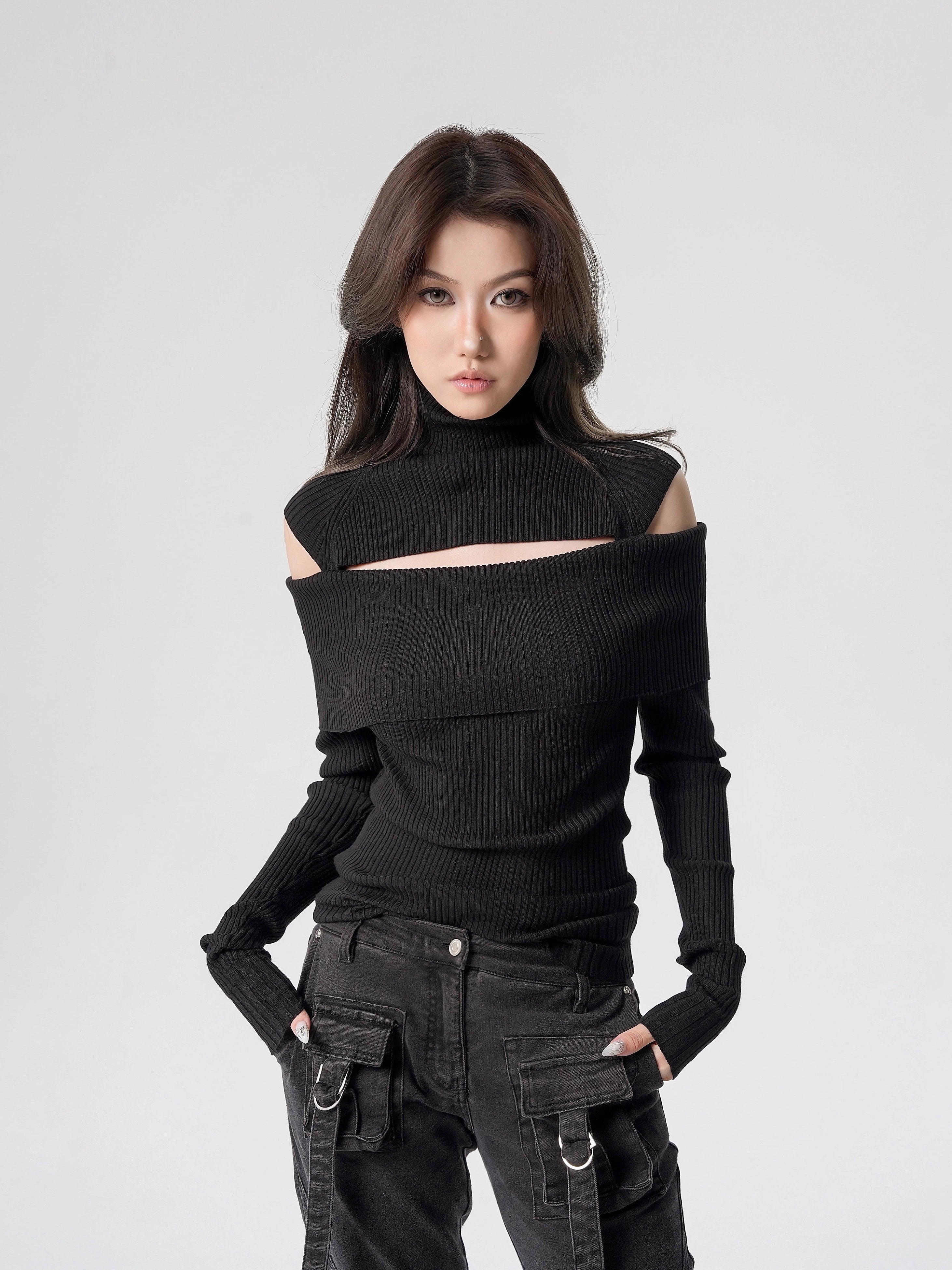 Ribbed Cold-Shoulder Cutout Turtleneck Sweater