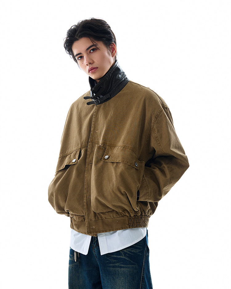 Contrast Leather Collar Oversized Utility Button Jacket