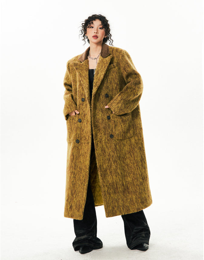 Fuzzy Double Breasted Longline Coat with Corduroy Collar