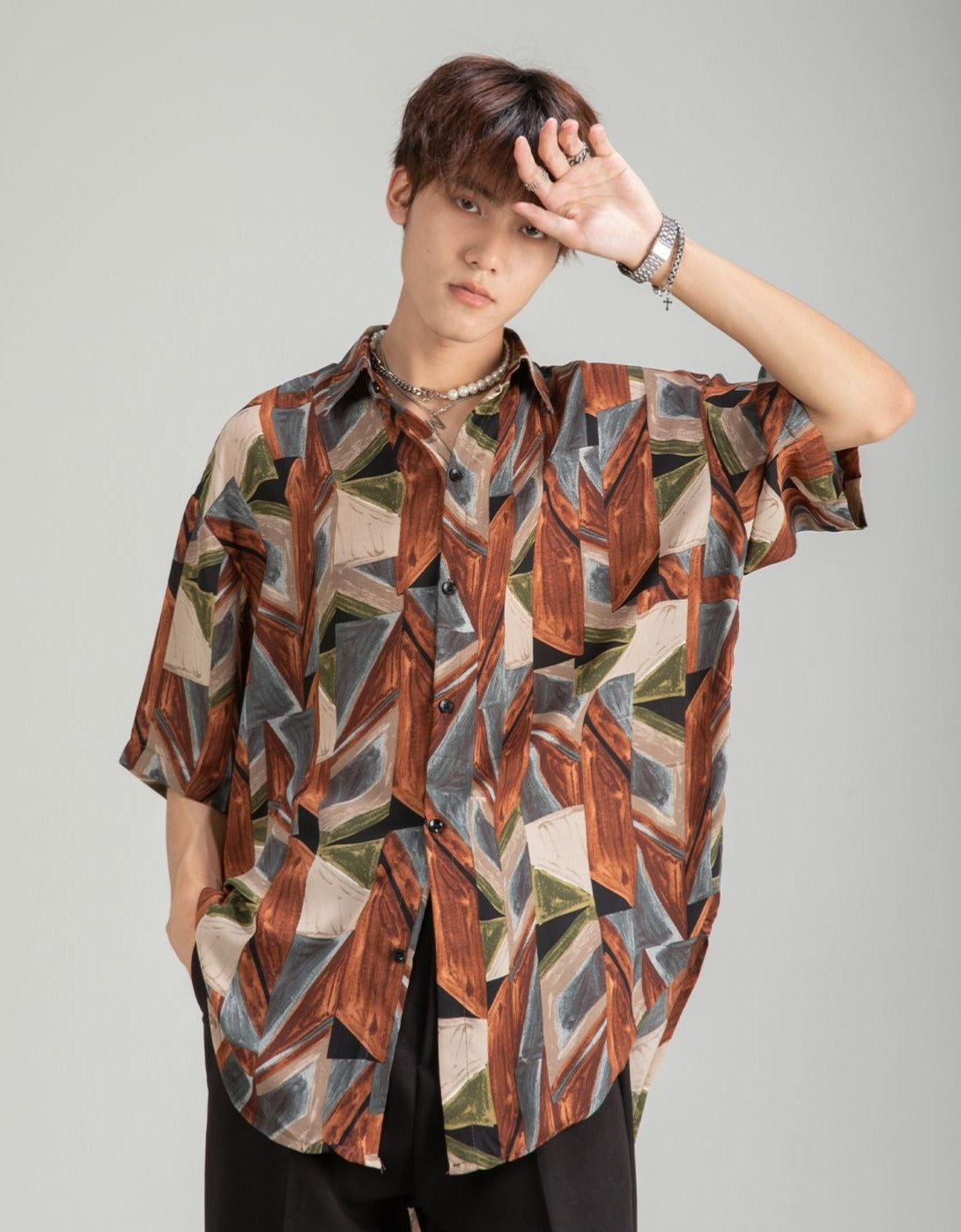 Oversized Short Sleeve Vintage-Patterned Print Shirt