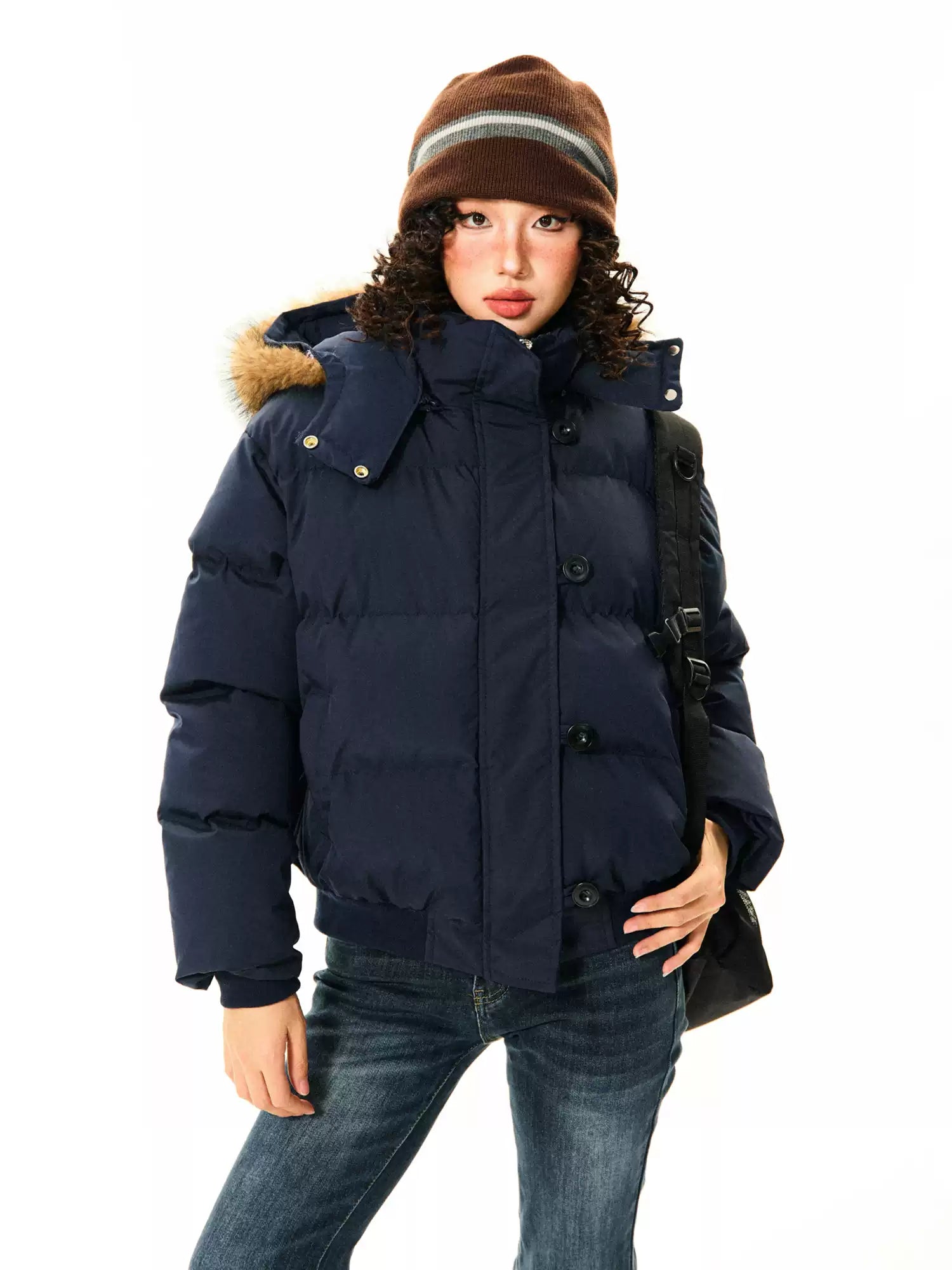 Puffer Bomber Jacket with Detachable Faux Fur Hood