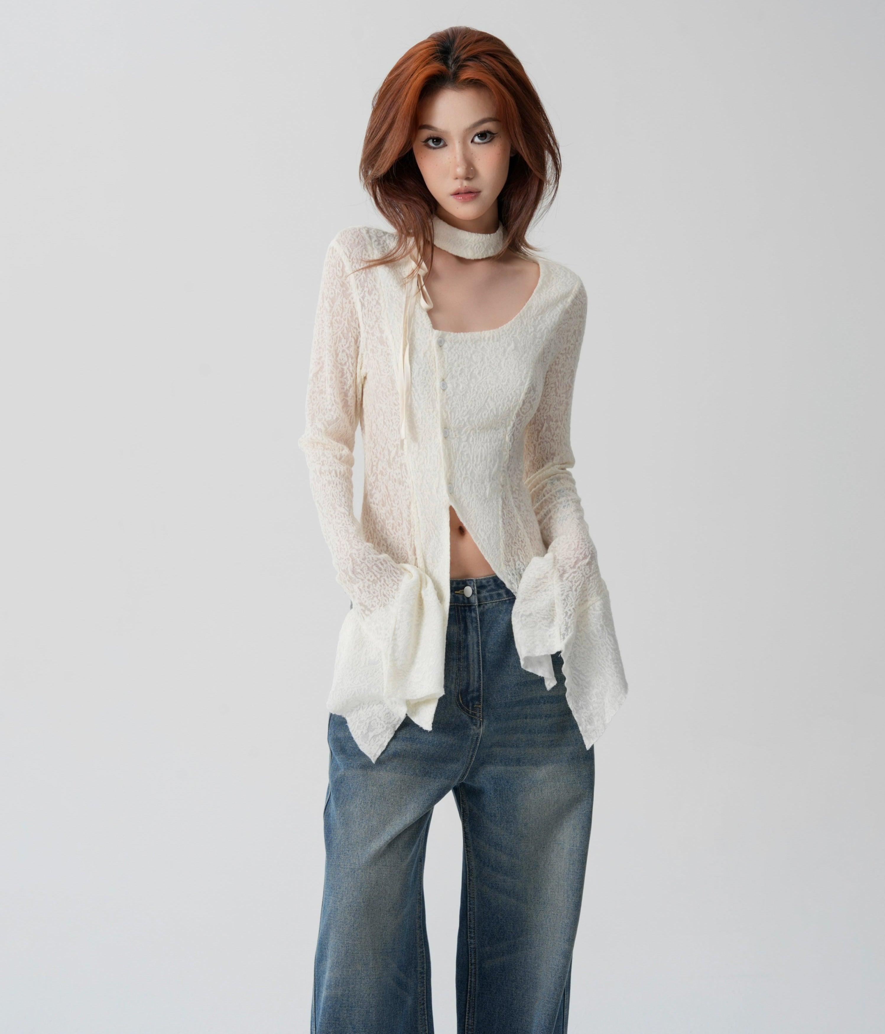 Sheer Knit Wrap-Scarf Top with Textured Pattern