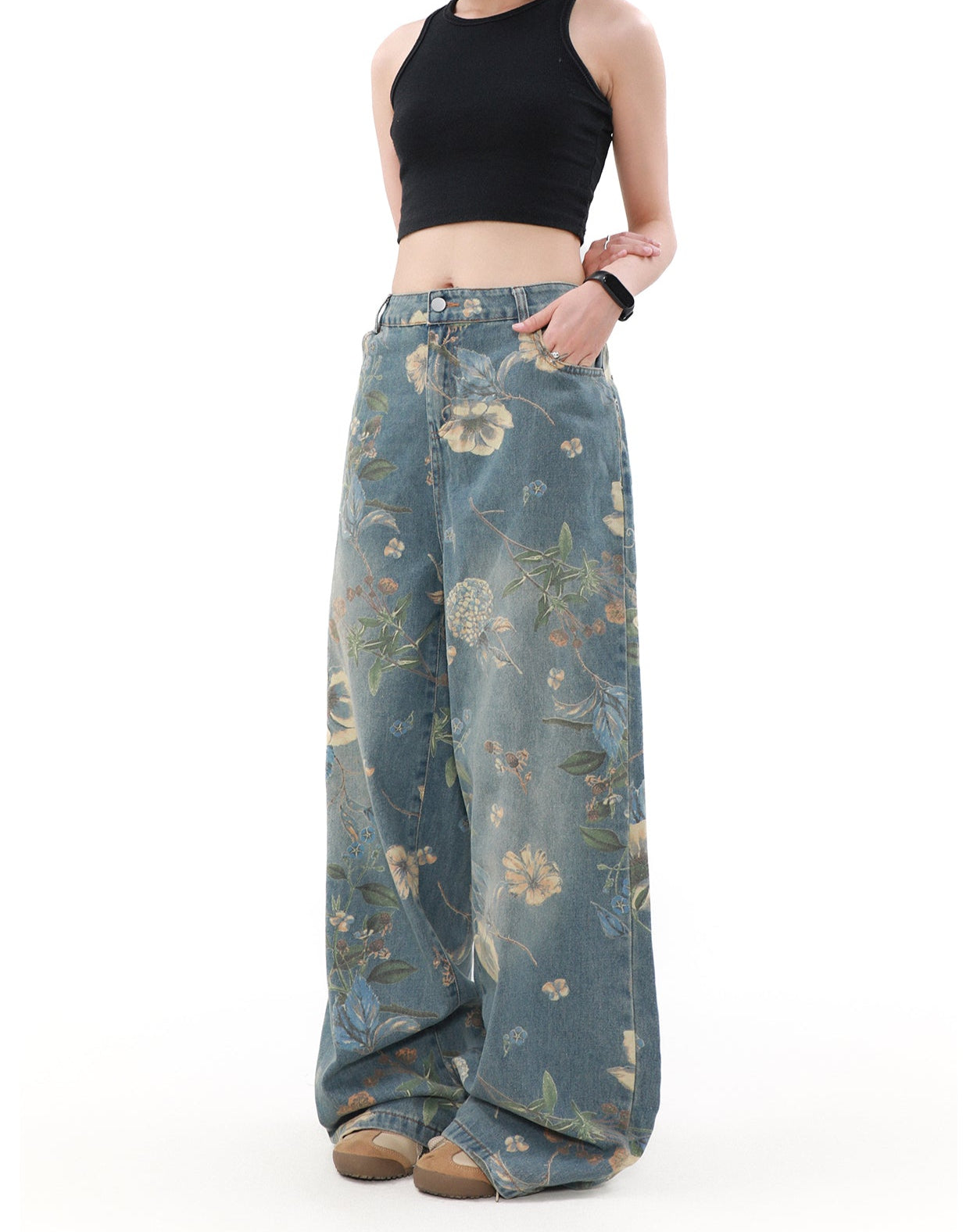 Wide Leg Floral Print Denim Pants