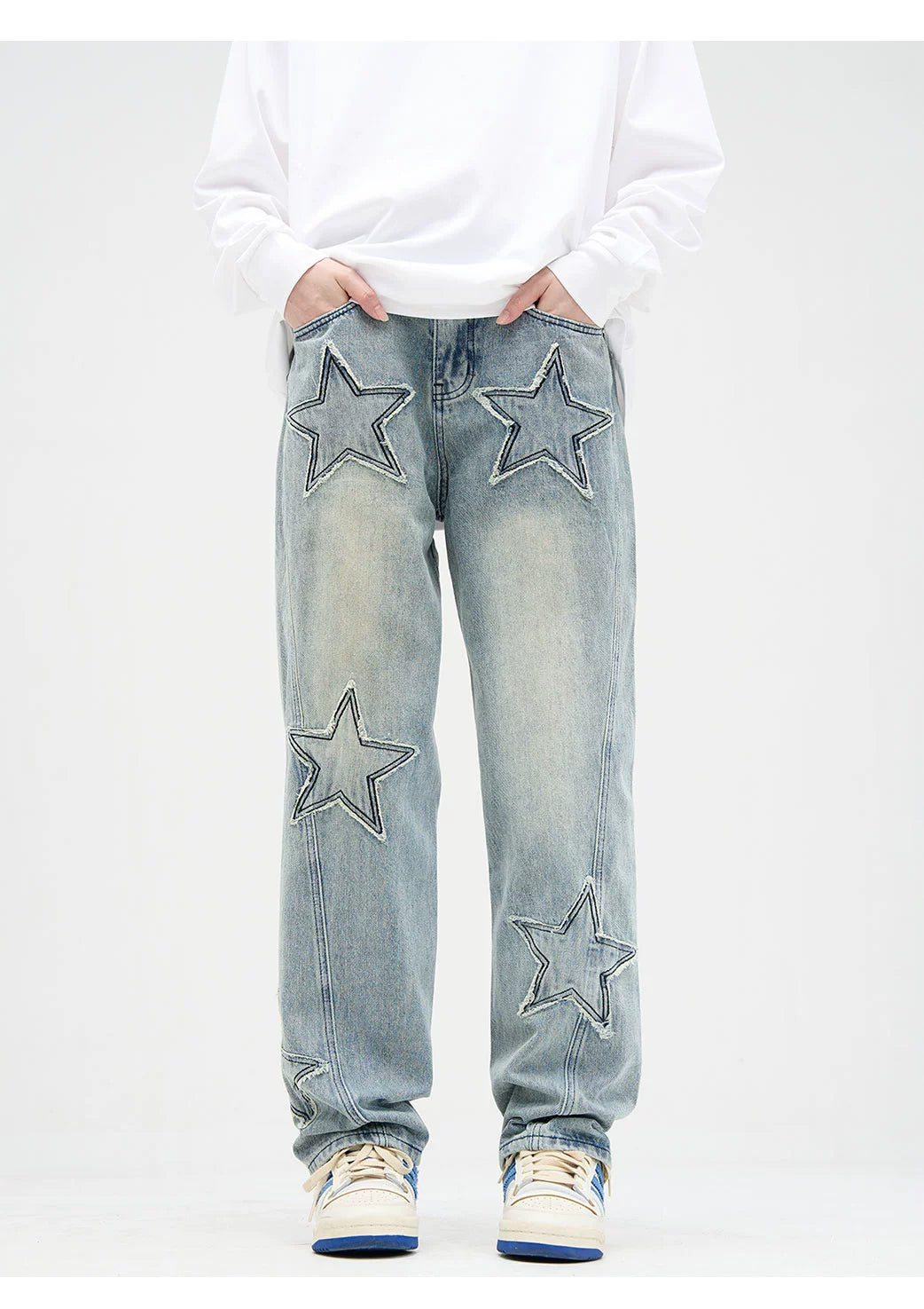 Star Patchwork Faded Straight Fit Jeans