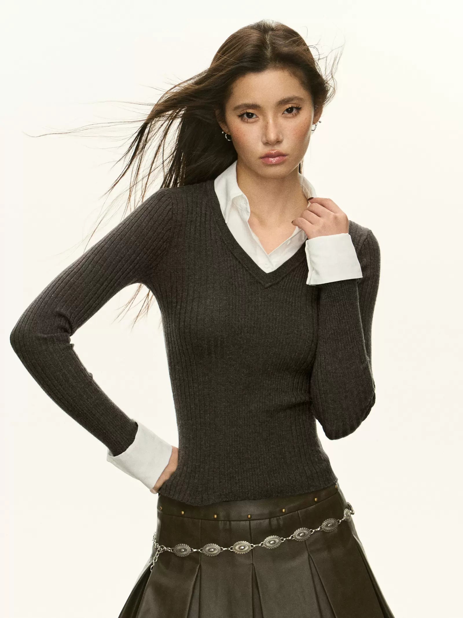 Mock Two-Piece Sweater with Buttoned Cuffs