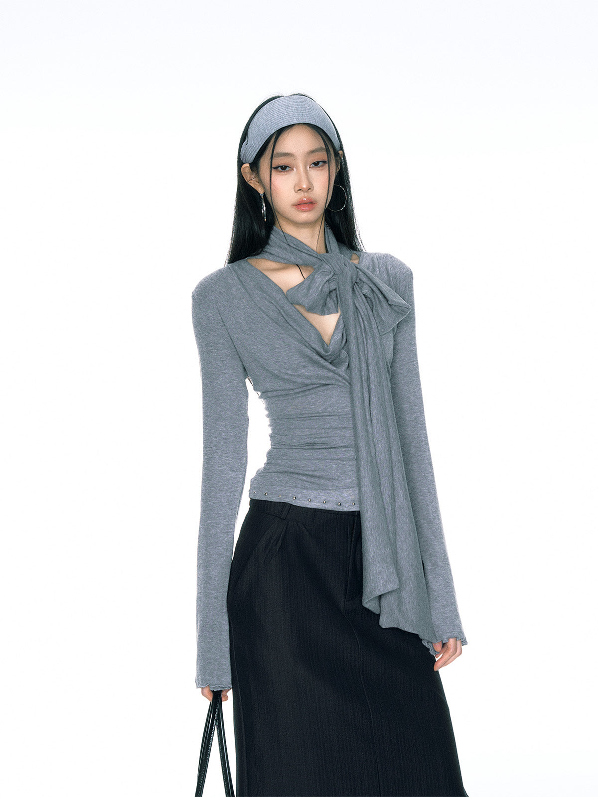 Flare Sleeve Cowl Neck Top with Scarf