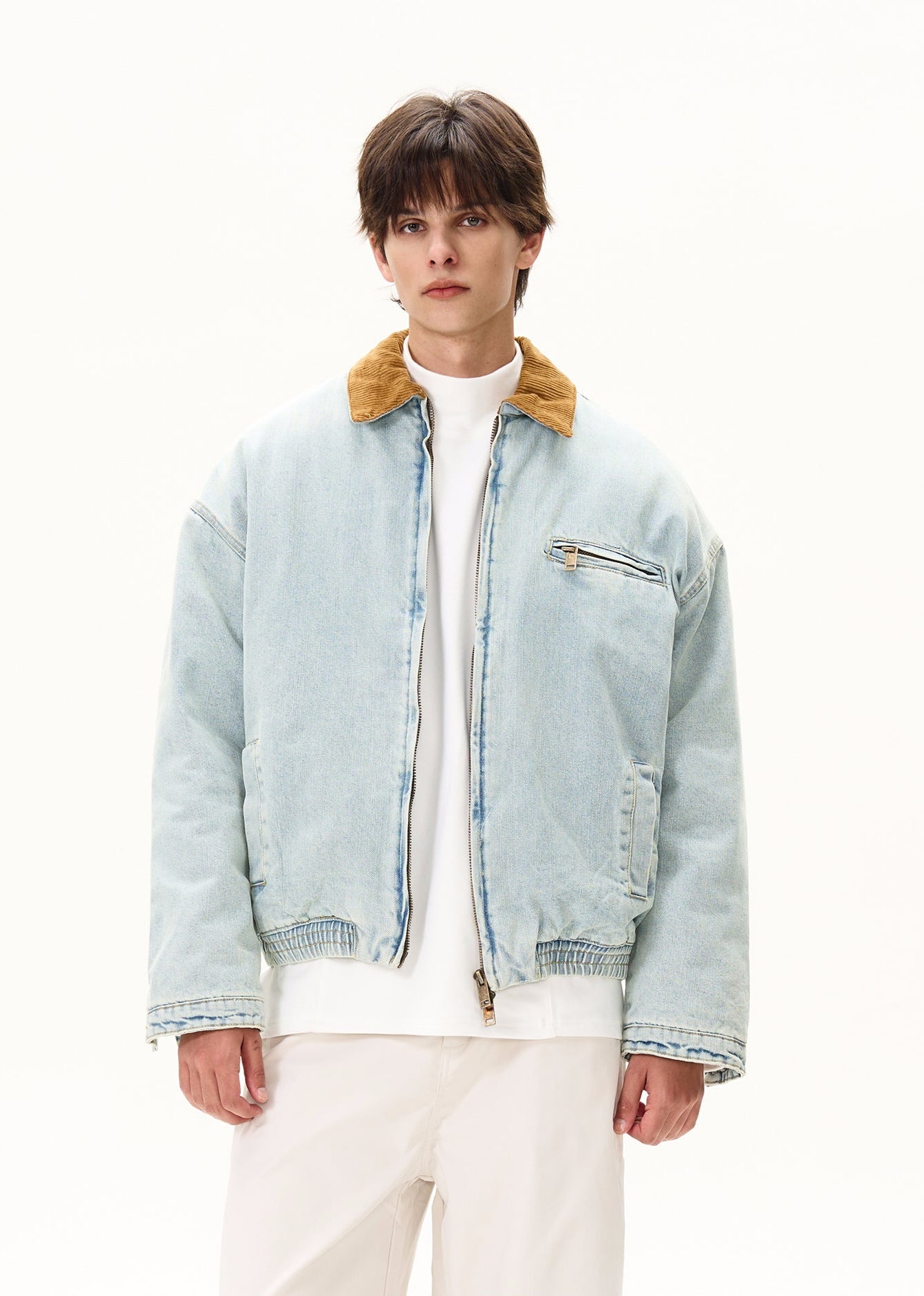 Faded Denim Worker Jacket with Contrast Corduroy Elastic Hem