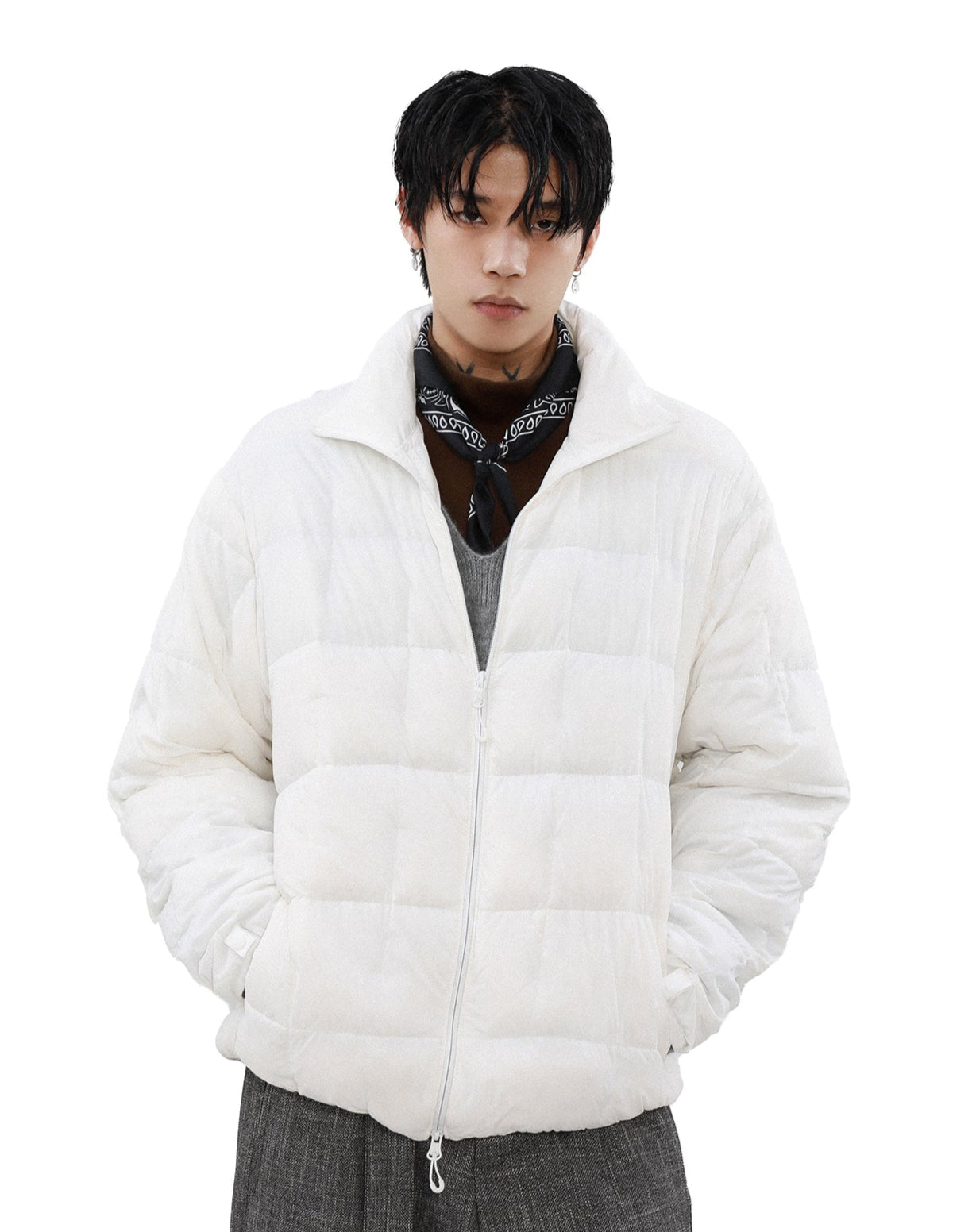 Puffer Quilted Jacket with Stand Collar and Double Zip Closure