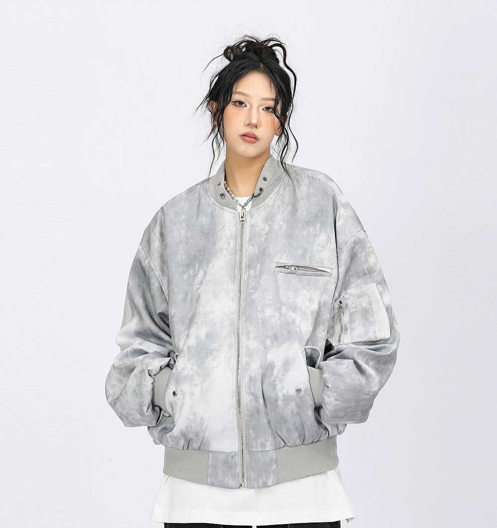 Oversized Acid Wash Bomber Jacket with Snap Button Pockets