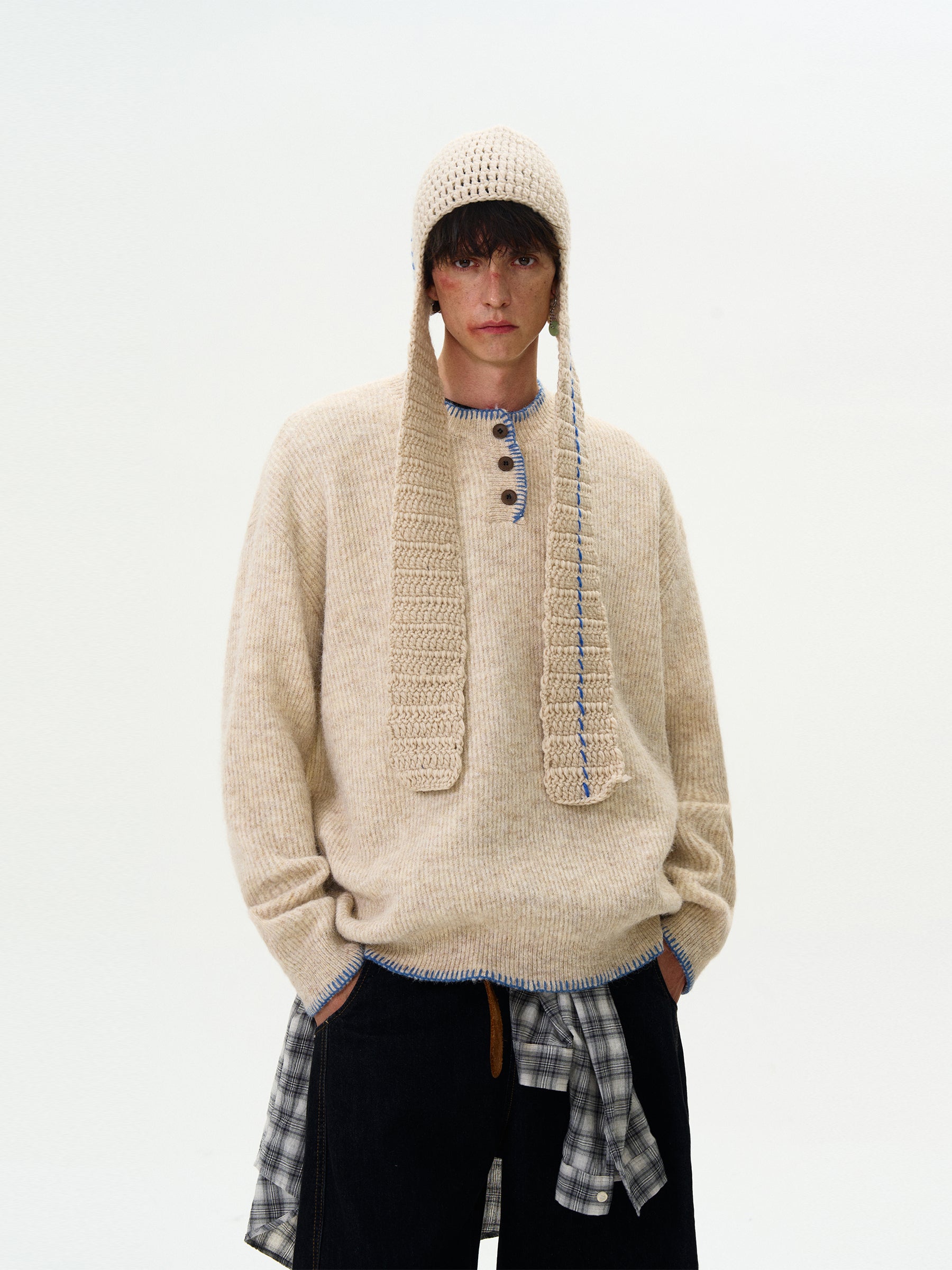 Ribbed Knit Henley Sweater with Button Detailing and Contrast Trim