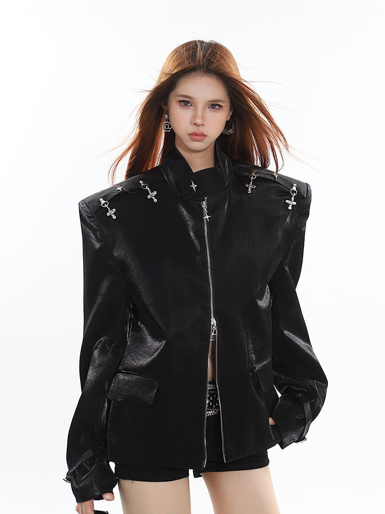 Oversized Zip-Up Shoulder-Padded Jacket with Buckle Accents