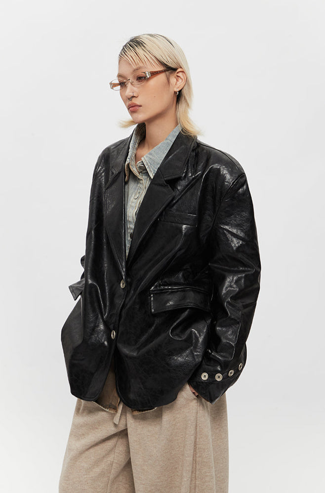 Glossy Faux Leather Oversized Blazer With Cuff Button Details