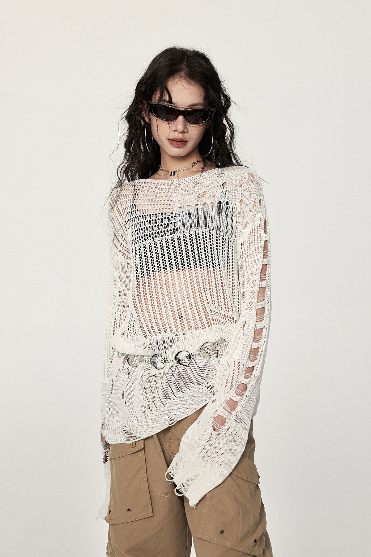 Distressed Knit Long Sleeve Sweater with Sheer Panels