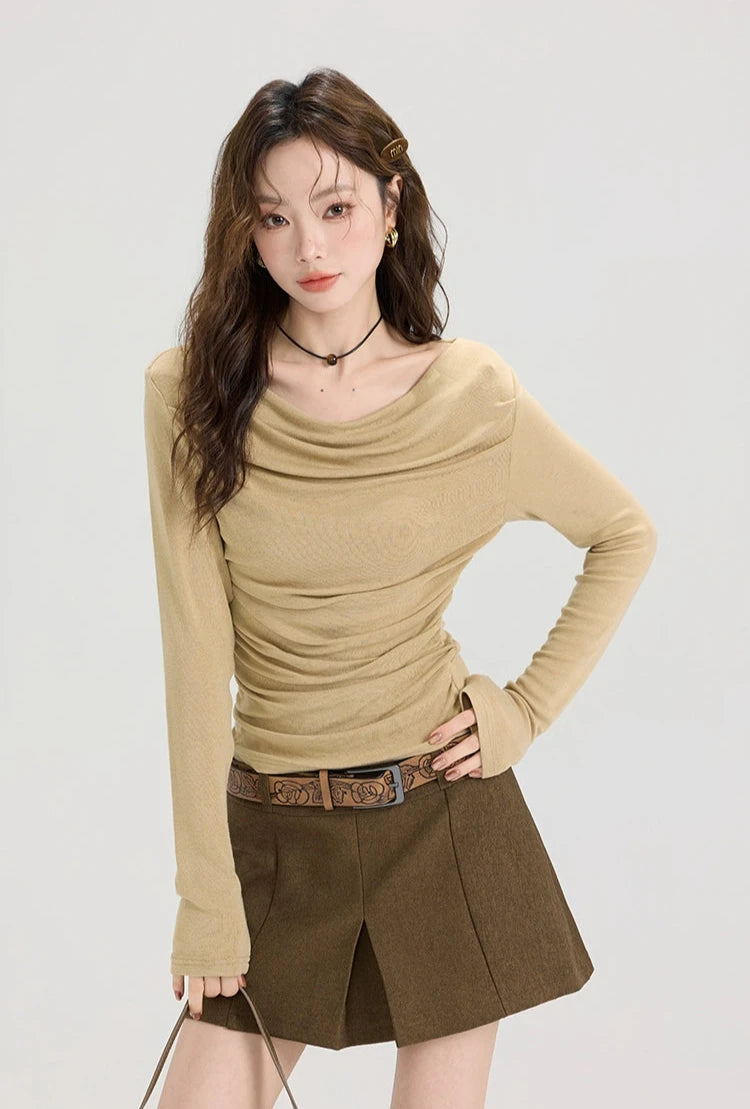 Cowl Neck Ruched Side Long Sleeve Top