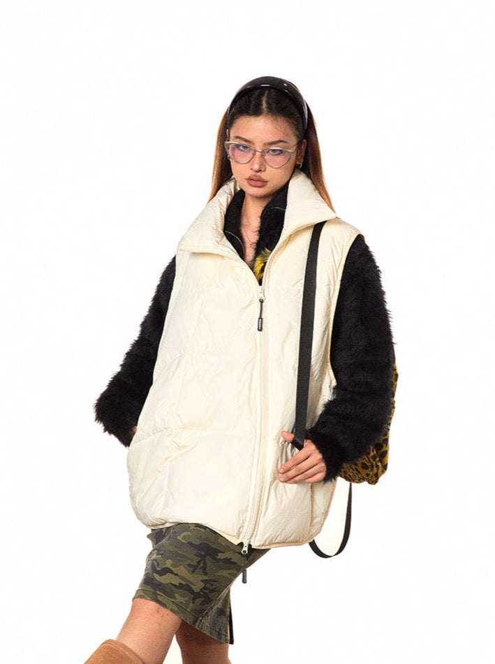 High Collar Asymmetric Zip Oversized Puffer Vest