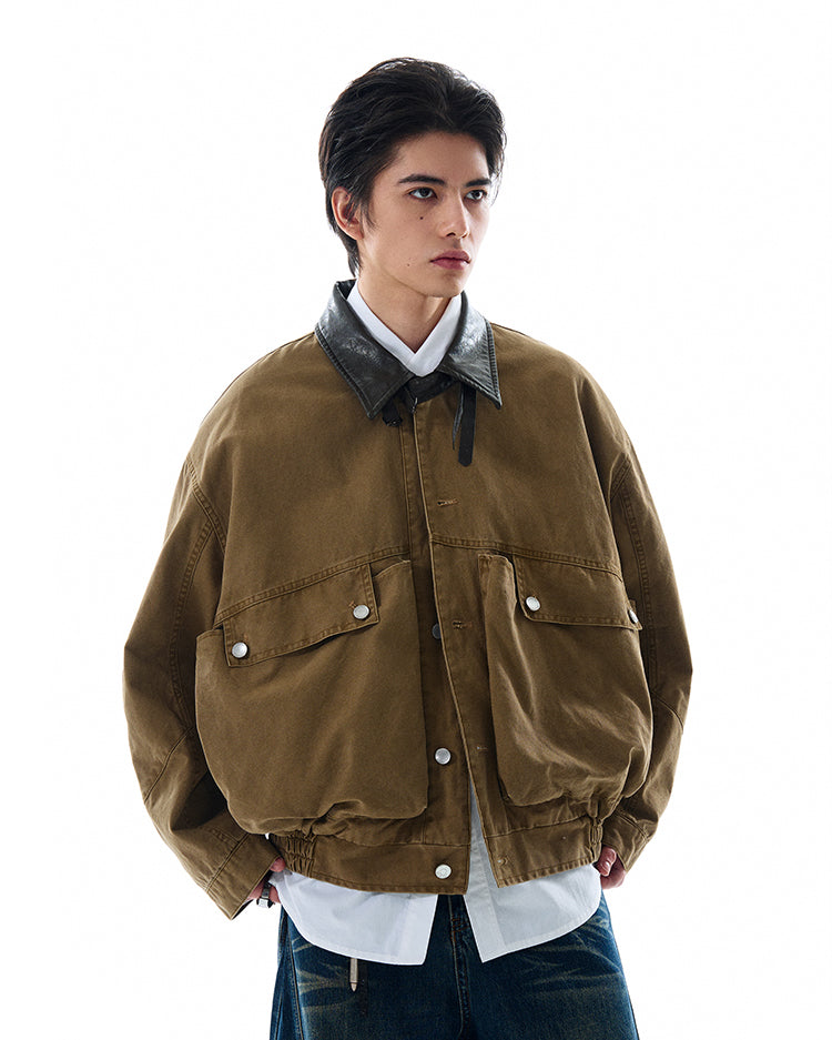 Contrast Leather Collar Oversized Utility Button Jacket