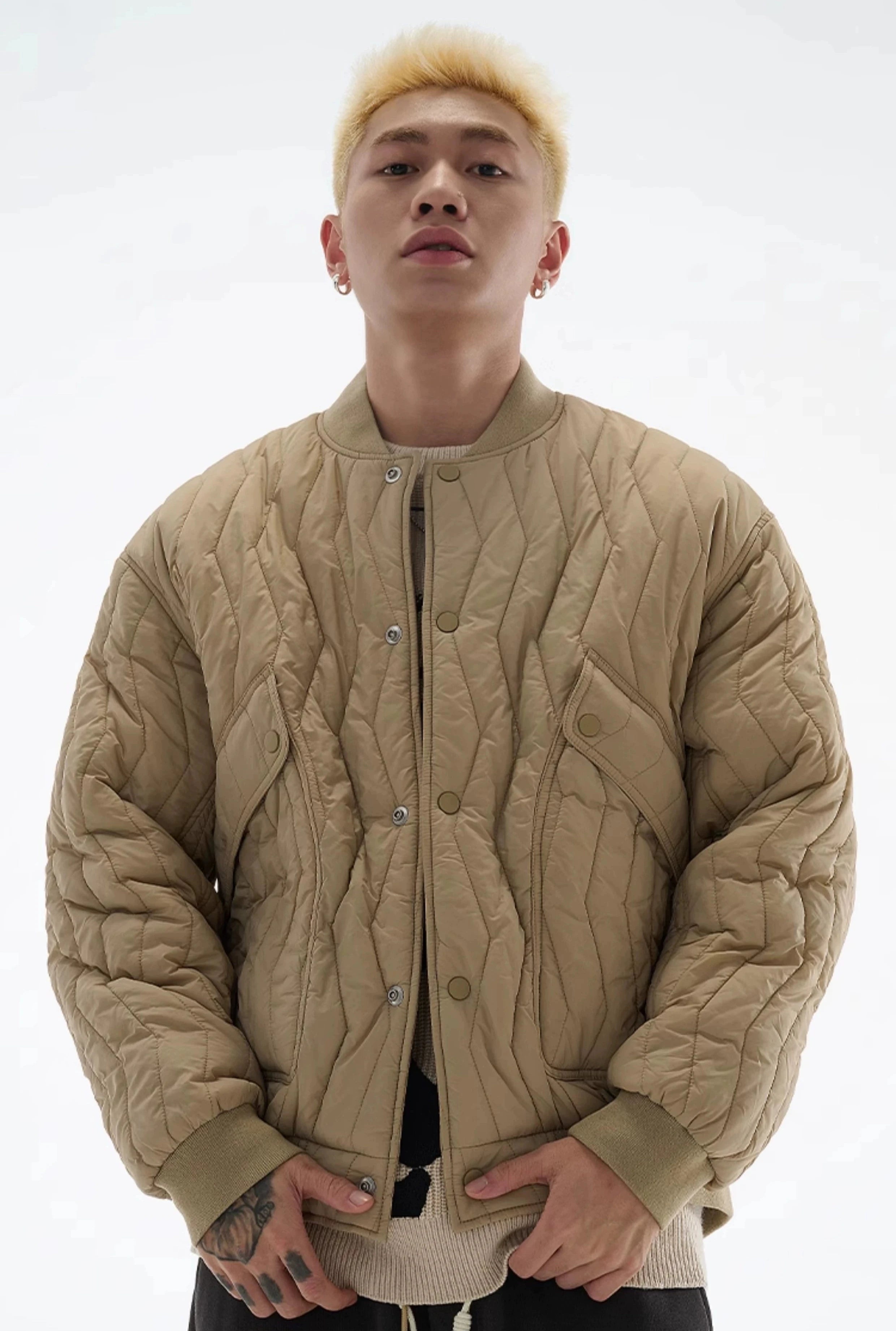 Zigzag Quilted Button Bomber Jacket