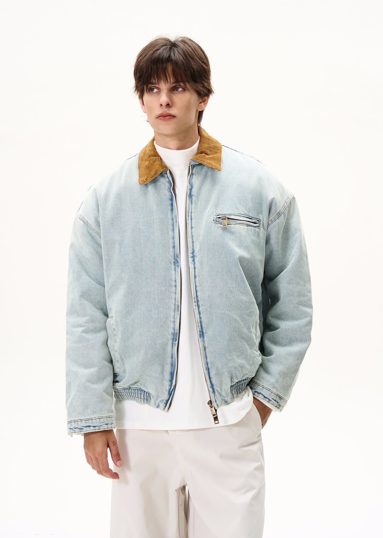 Faded Denim Worker Jacket with Contrast Corduroy Elastic Hem