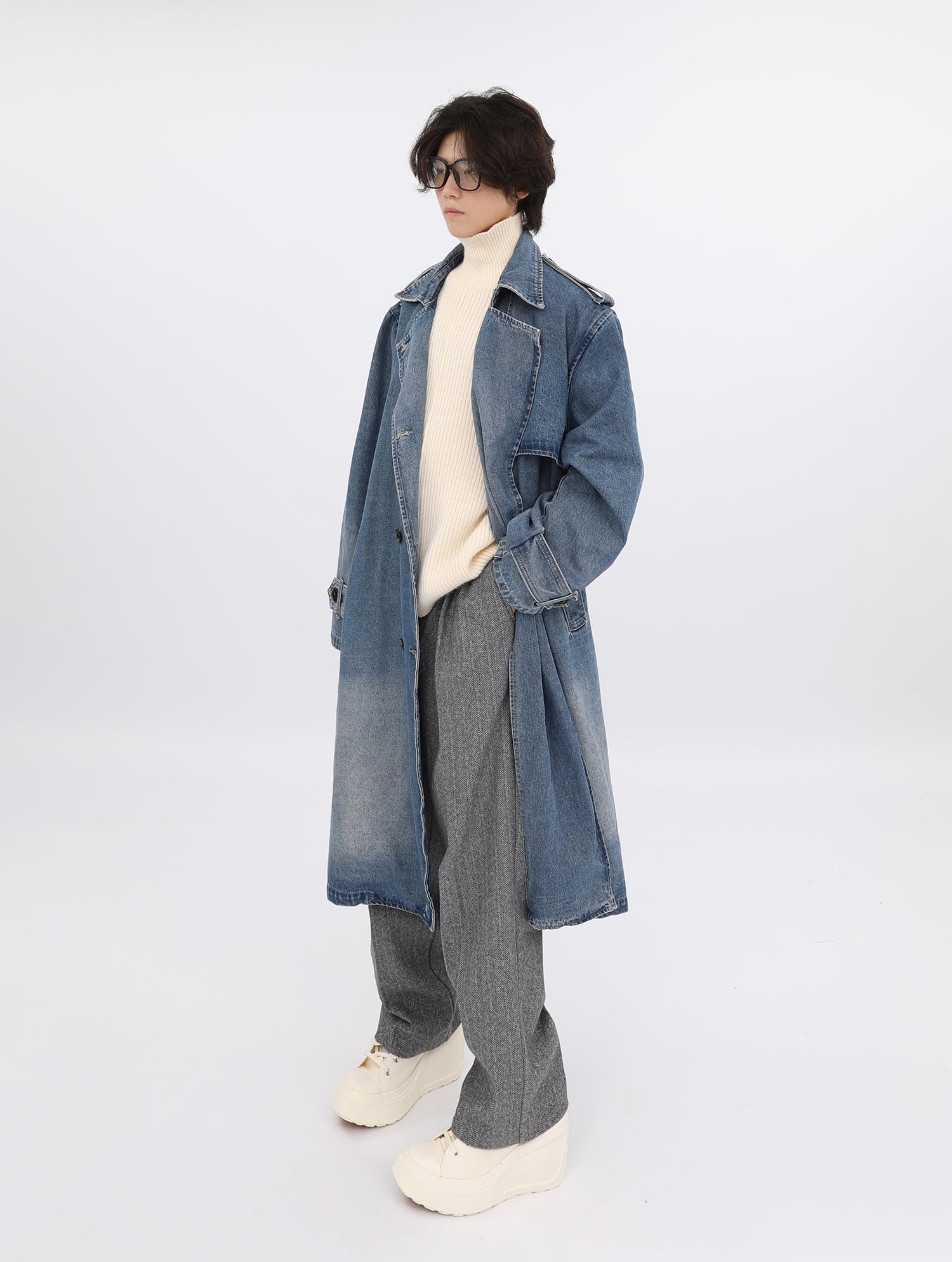 Double-Breasted Denim Oversized Trench Coat