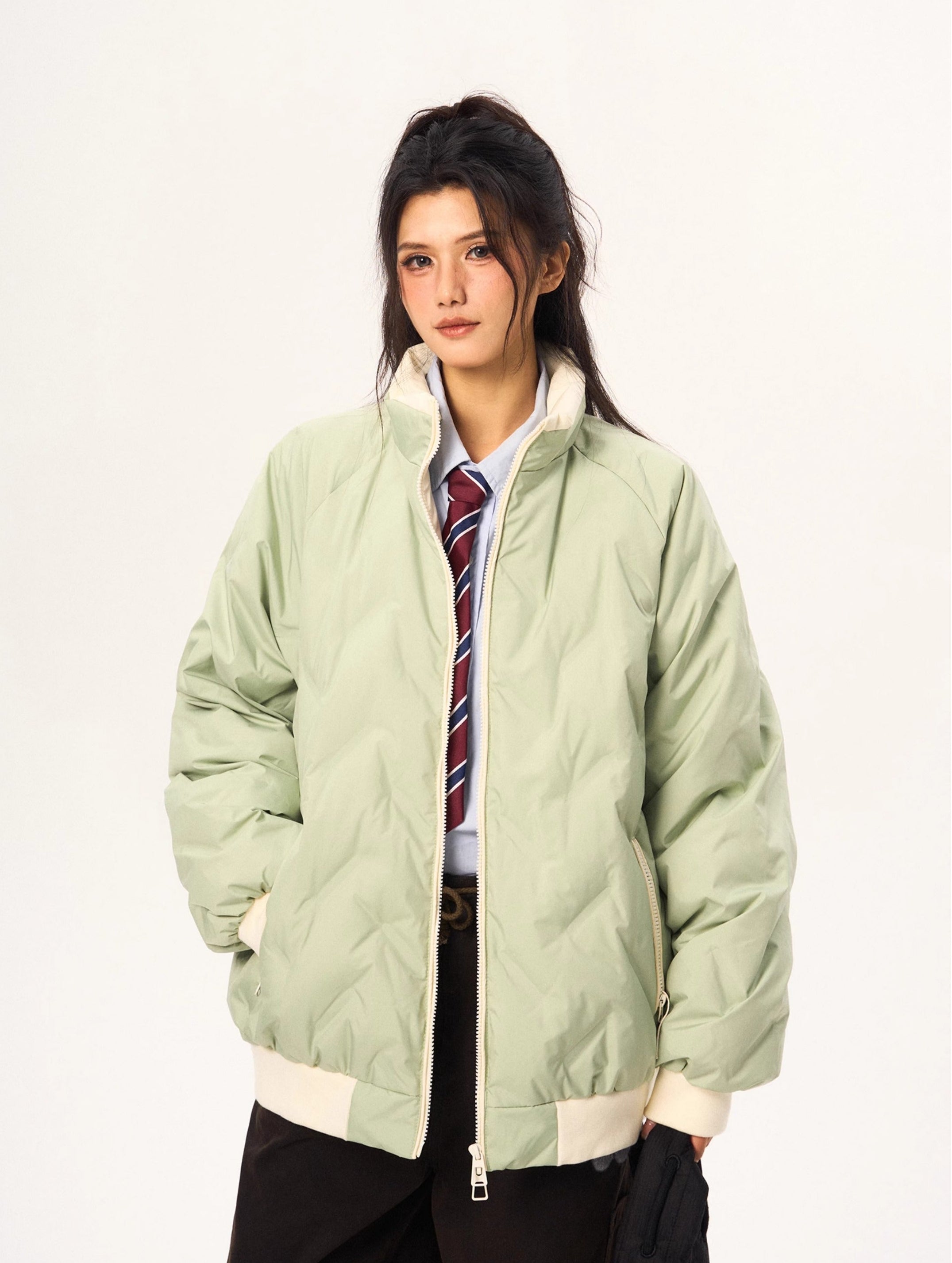 Contrast Trim Oversized Quilted Puffer Bomber Jacket