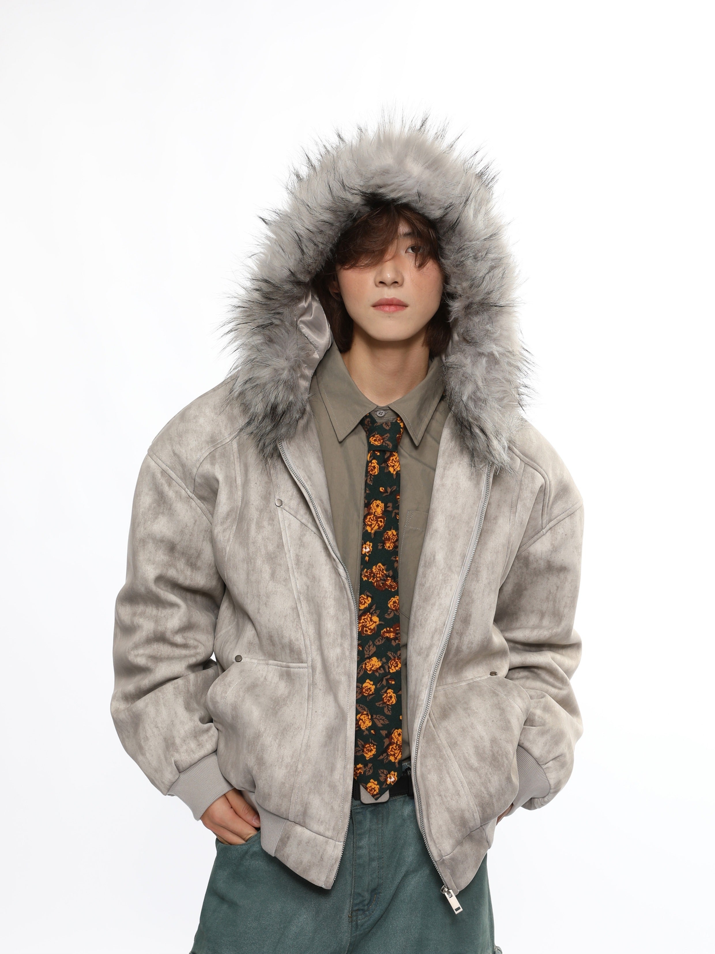 Faux Fur Hooded Faded Zip Jacket with Pockets