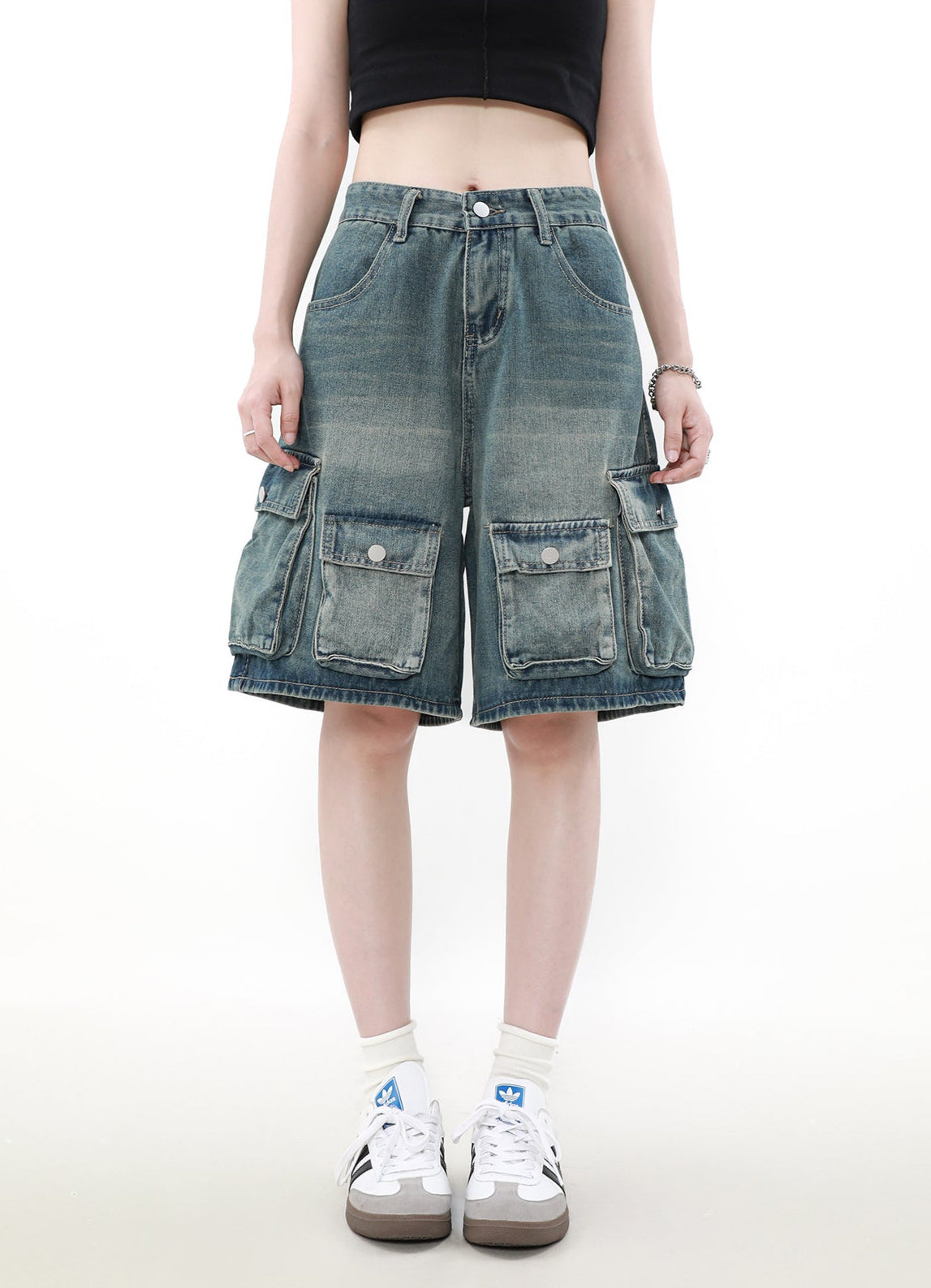 Faded Denim Cargo Shorts with Multiple Button Pockets