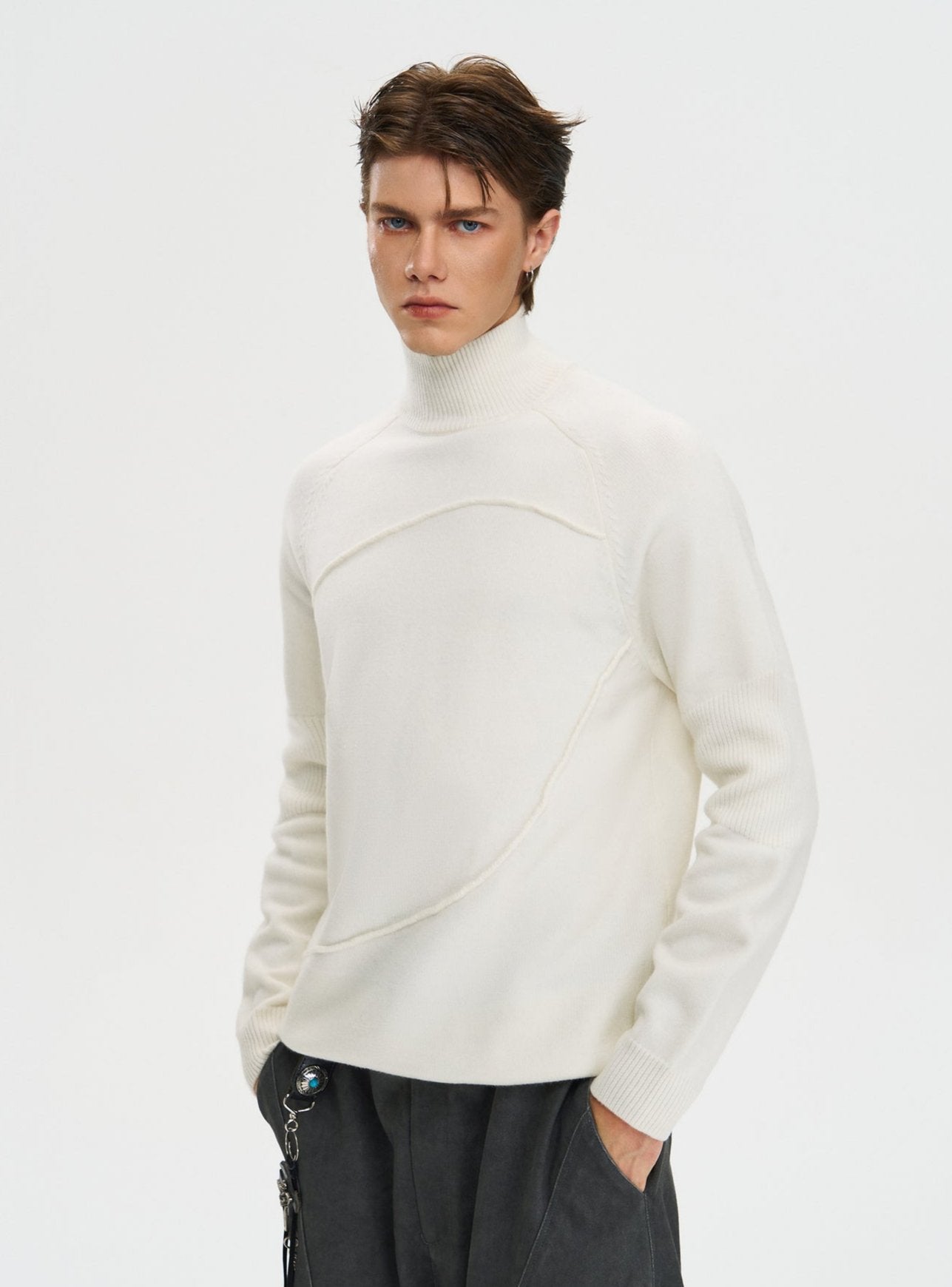 Ribbed Turtleneck Panel-Stitch Sweater